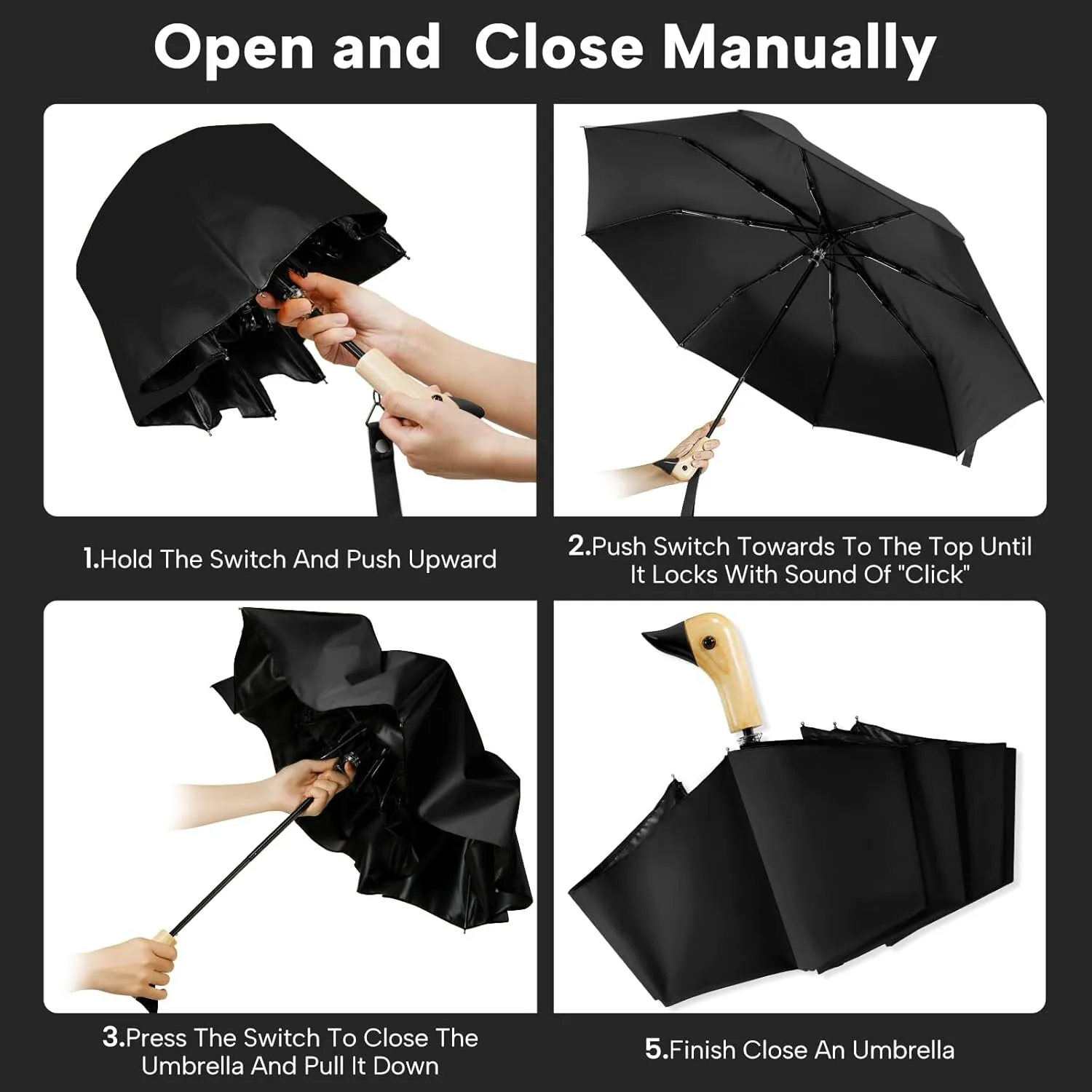 LEAGERA Compact Small Umbrellas for Rain&Sun, Cute Design Duck Head Umbrella for Girls Gifts, 8 Ribs Folding Umbrella with Wooden Handle