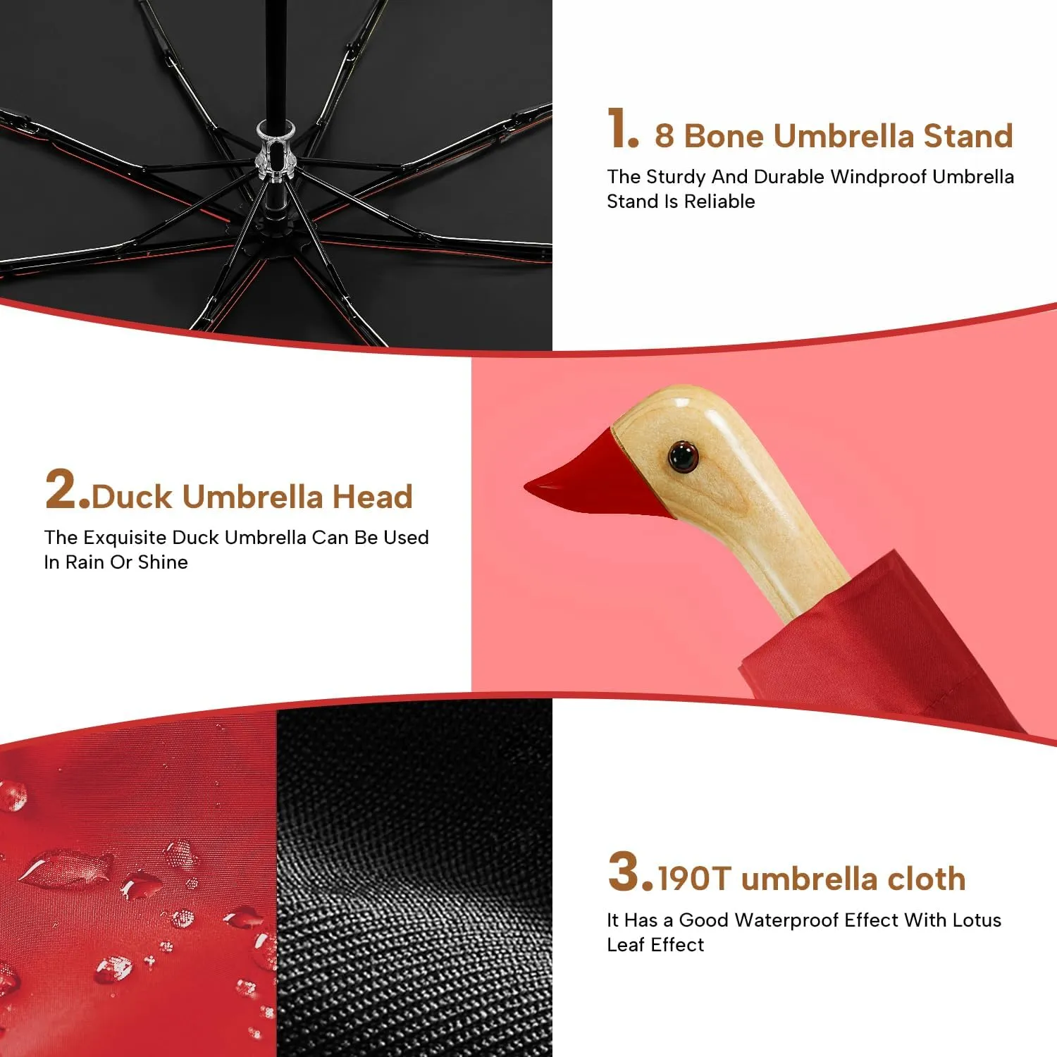 LEAGERA Compact Small Umbrellas for Rain&Sun, Cute Design Duck Head Umbrella for Girls Gifts, 8 Ribs Folding Umbrella with Wooden Handle