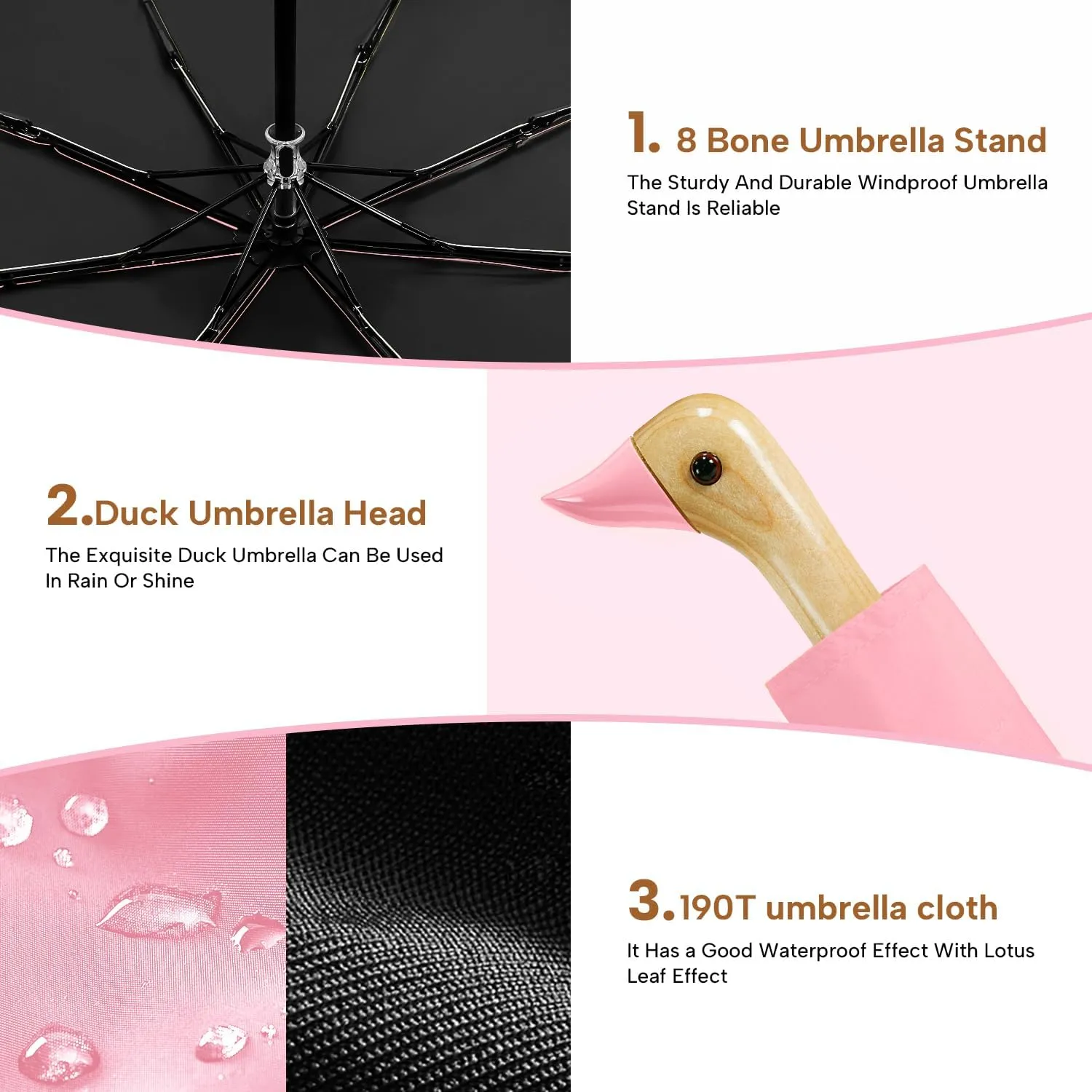LEAGERA Compact Small Umbrellas for Rain&Sun, Cute Design Duck Head Umbrella for Girls Gifts, 8 Ribs Folding Umbrella with Wooden Handle