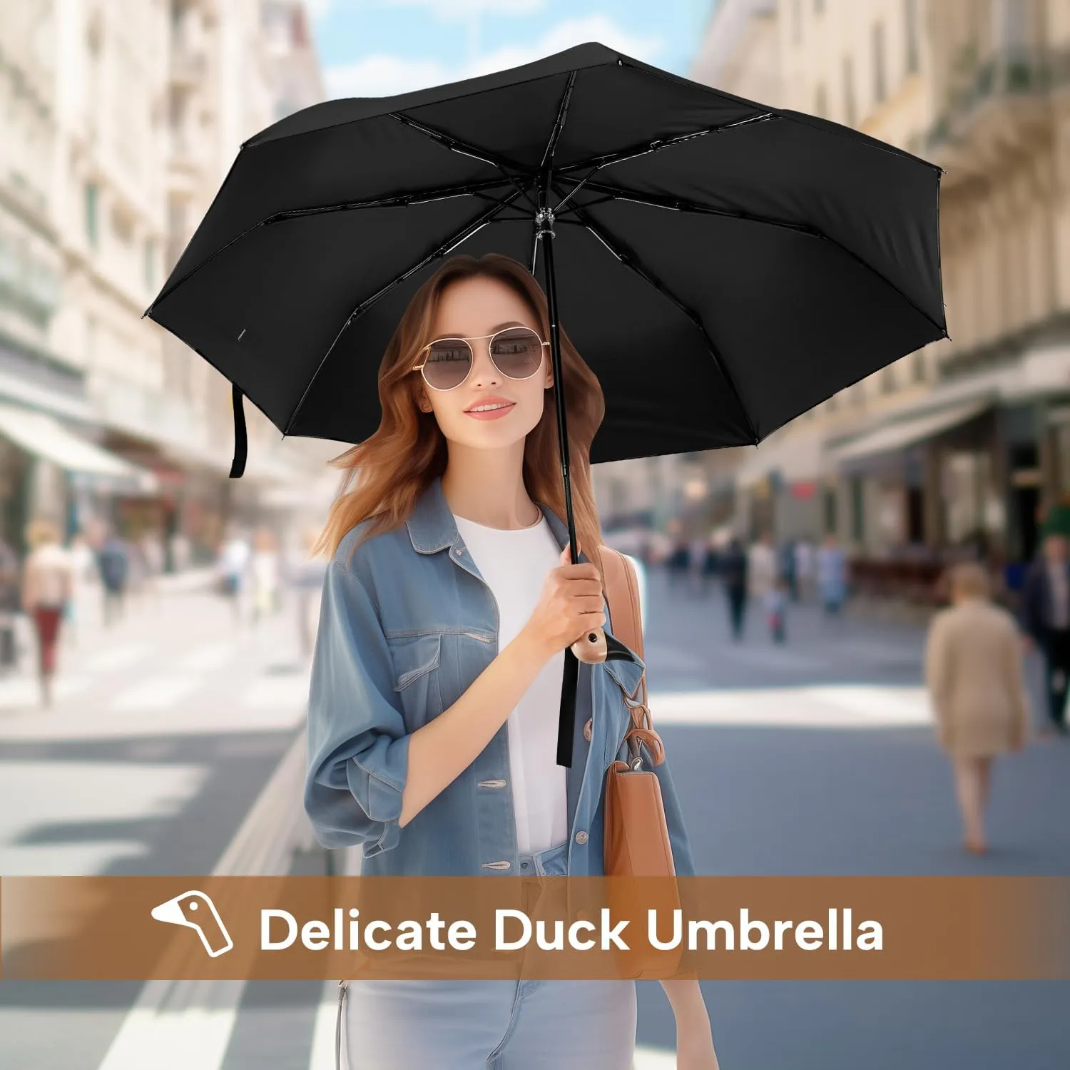 LEAGERA Compact Small Umbrellas for Rain&Sun, Cute Design Duck Head Umbrella for Girls Gifts, 8 Ribs Folding Umbrella with Wooden Handle