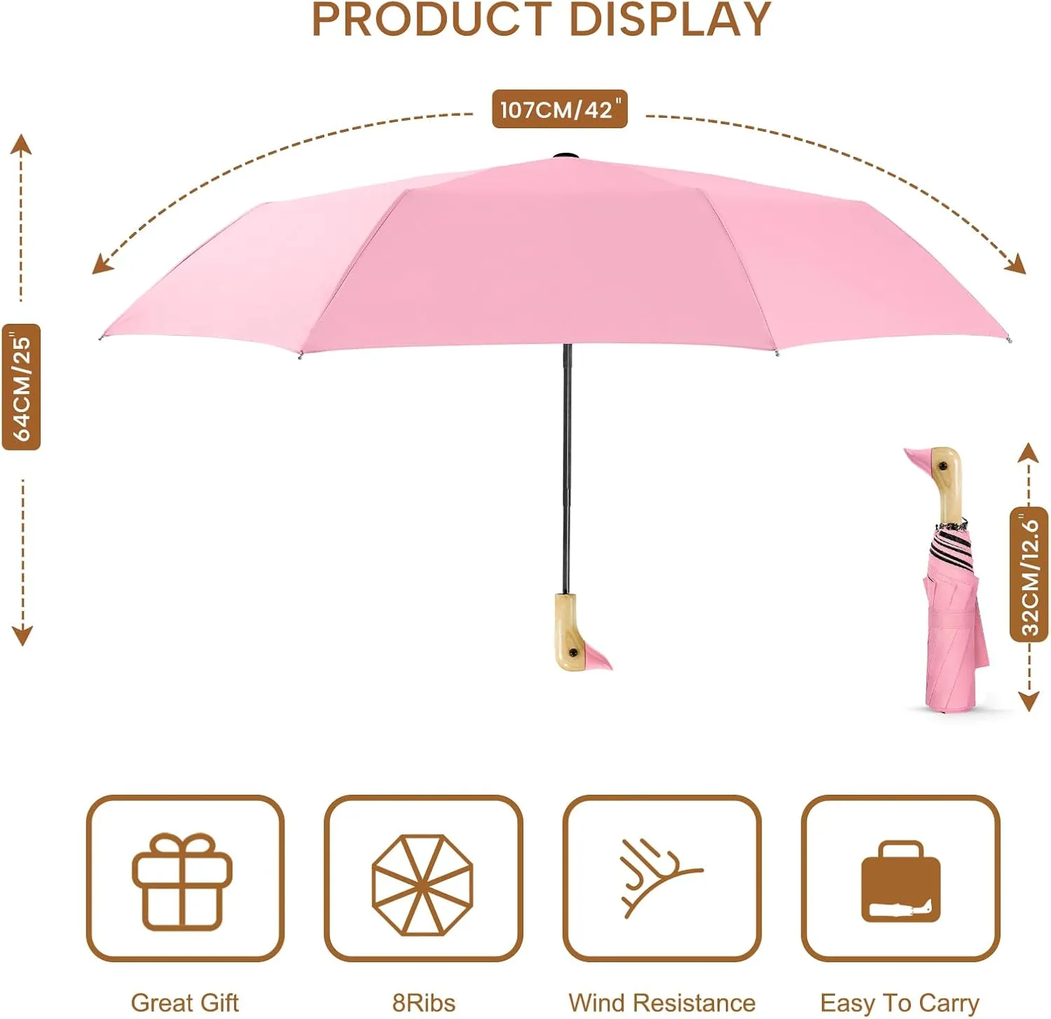 LEAGERA Compact Small Umbrellas for Rain&Sun, Cute Design Duck Head Umbrella for Girls Gifts, 8 Ribs Folding Umbrella with Wooden Handle