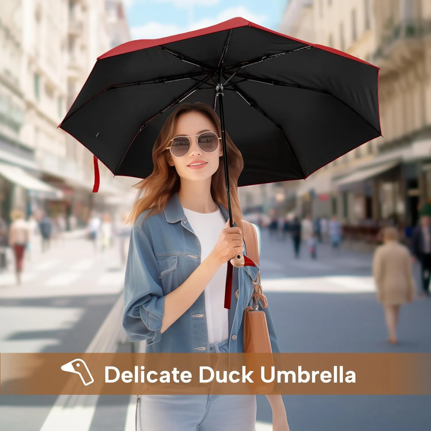 LEAGERA Compact Small Umbrellas for Rain&Sun, Cute Design Duck Head Umbrella for Girls Gifts, 8 Ribs Folding Umbrella with Wooden Handle