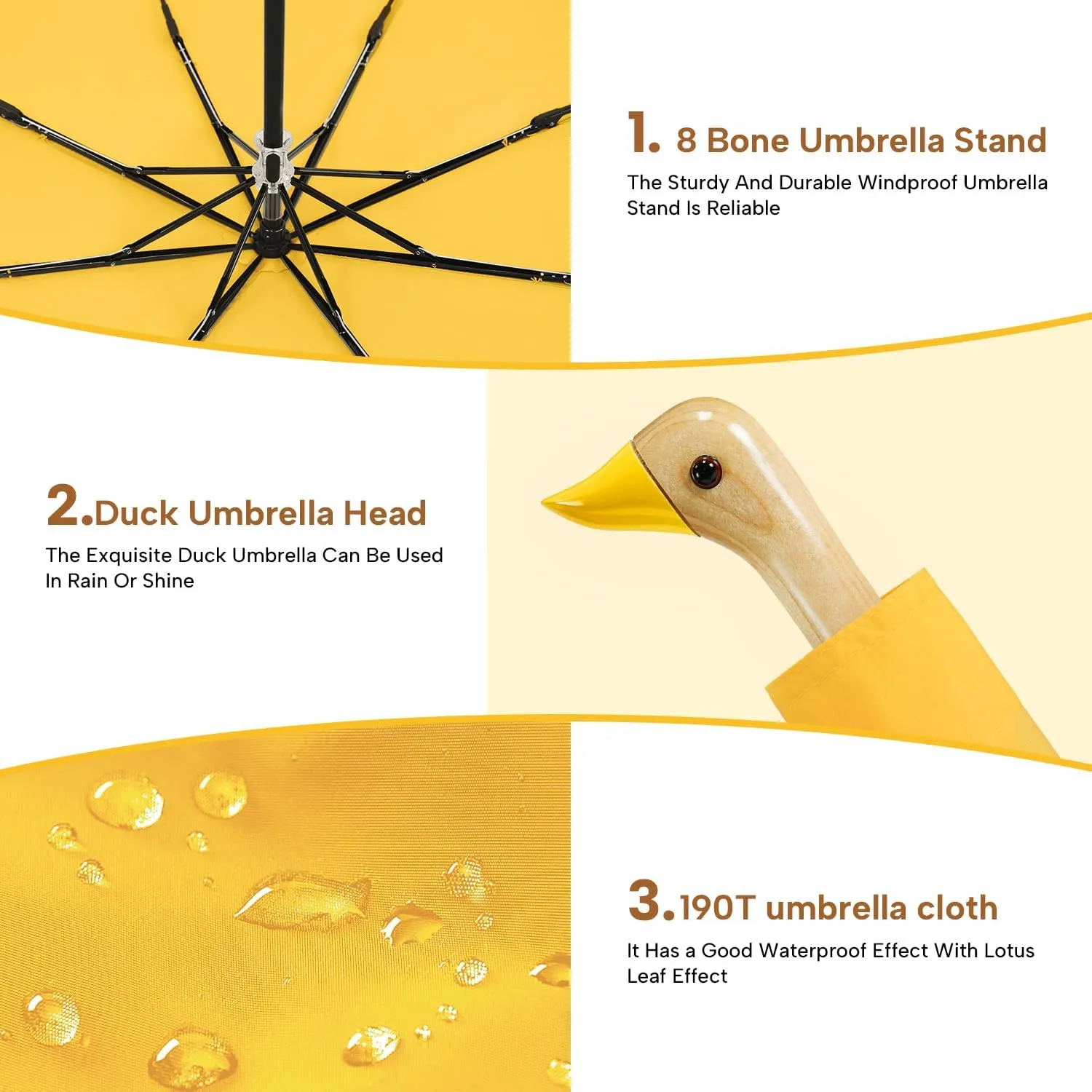 LEAGERA Compact Small Umbrellas for Rain&Sun, Cute Design Duck Head Umbrella for Girls Gifts, 8 Ribs Folding Umbrella with Wooden Handle
