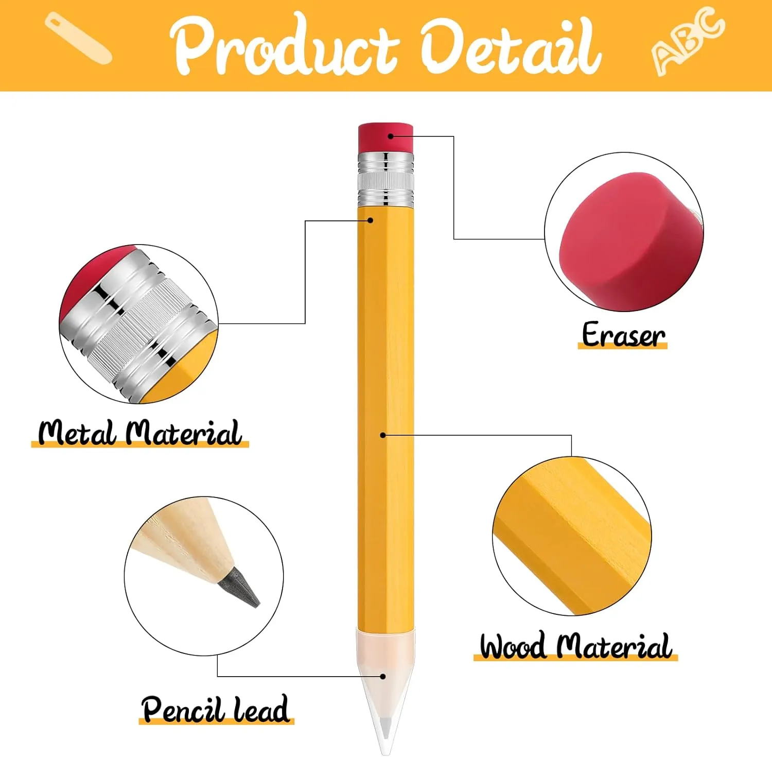Leinuosen 6 Pcs 6 Pcs Giant Pencils 14 Inch Wooden Jumbo Novelty Comically Large Yellow Pencil Prop with Eraser for Office Graduation End of Year Teacher Gift