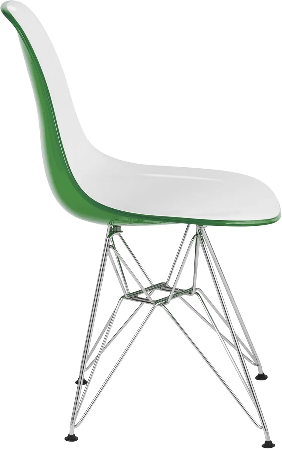 LeisureMod Molded Acrylic Dining Chair with Chrome Eiffel Base, White & Green Accent Side Chair with Curved Back for Modern Kitchens & Cafes - Set of 2
