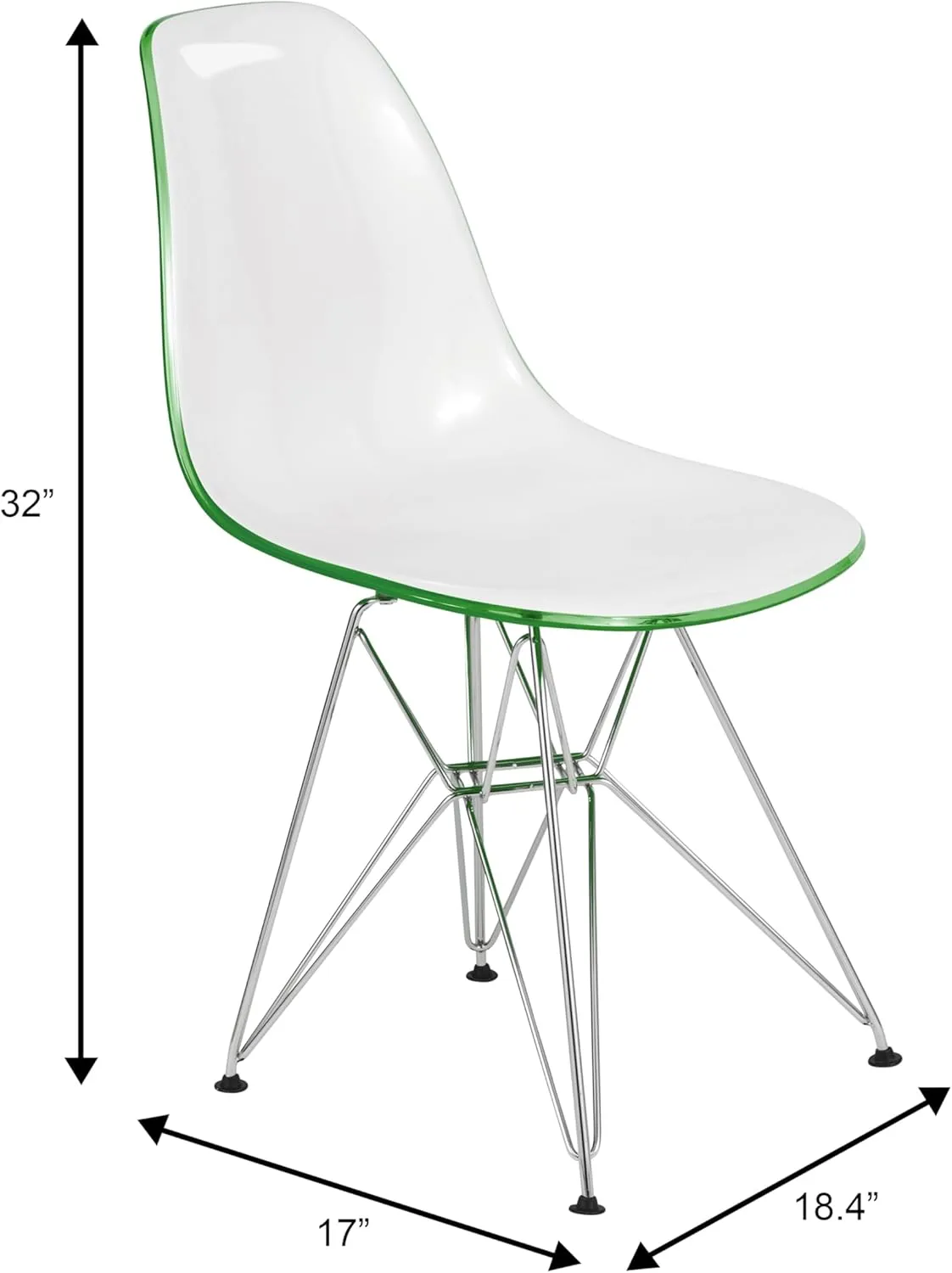 LeisureMod Molded Acrylic Dining Chair with Chrome Eiffel Base, White & Green Accent Side Chair with Curved Back for Modern Kitchens & Cafes - Set of 2