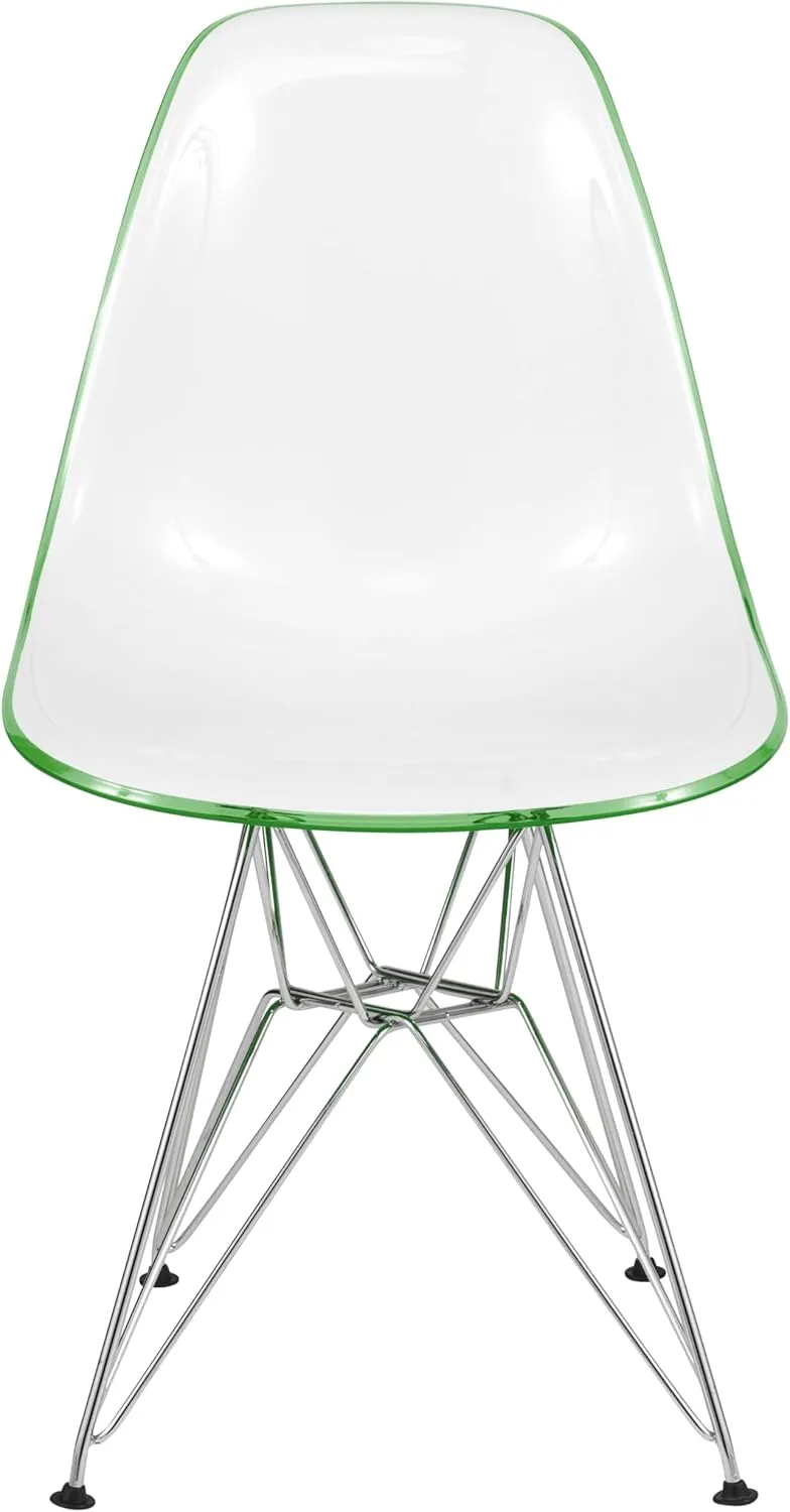 LeisureMod Molded Acrylic Dining Chair with Chrome Eiffel Base, White & Green Accent Side Chair with Curved Back for Modern Kitchens & Cafes - Set of 2