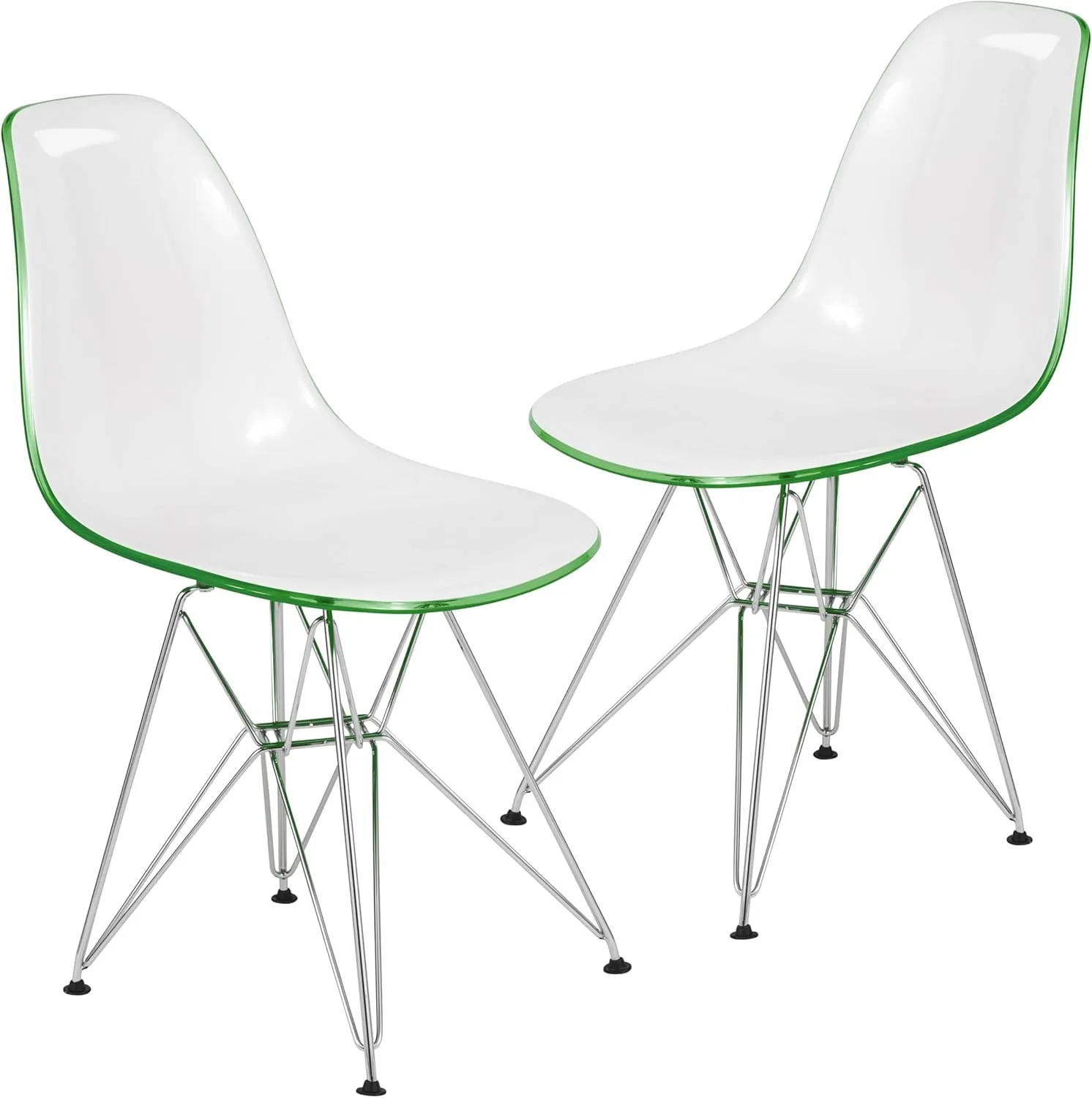 LeisureMod Molded Acrylic Dining Chair with Chrome Eiffel Base, White & Green Accent Side Chair with Curved Back for Modern Kitchens & Cafes - Set of 2