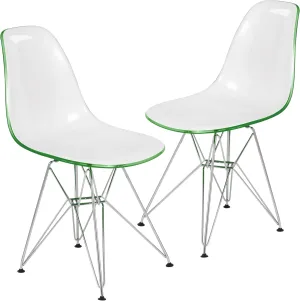 LeisureMod Molded Acrylic Dining Chair with Chrome Eiffel Base, White & Green Accent Side Chair with Curved Back for Modern Kitchens & Cafes - Set of 2