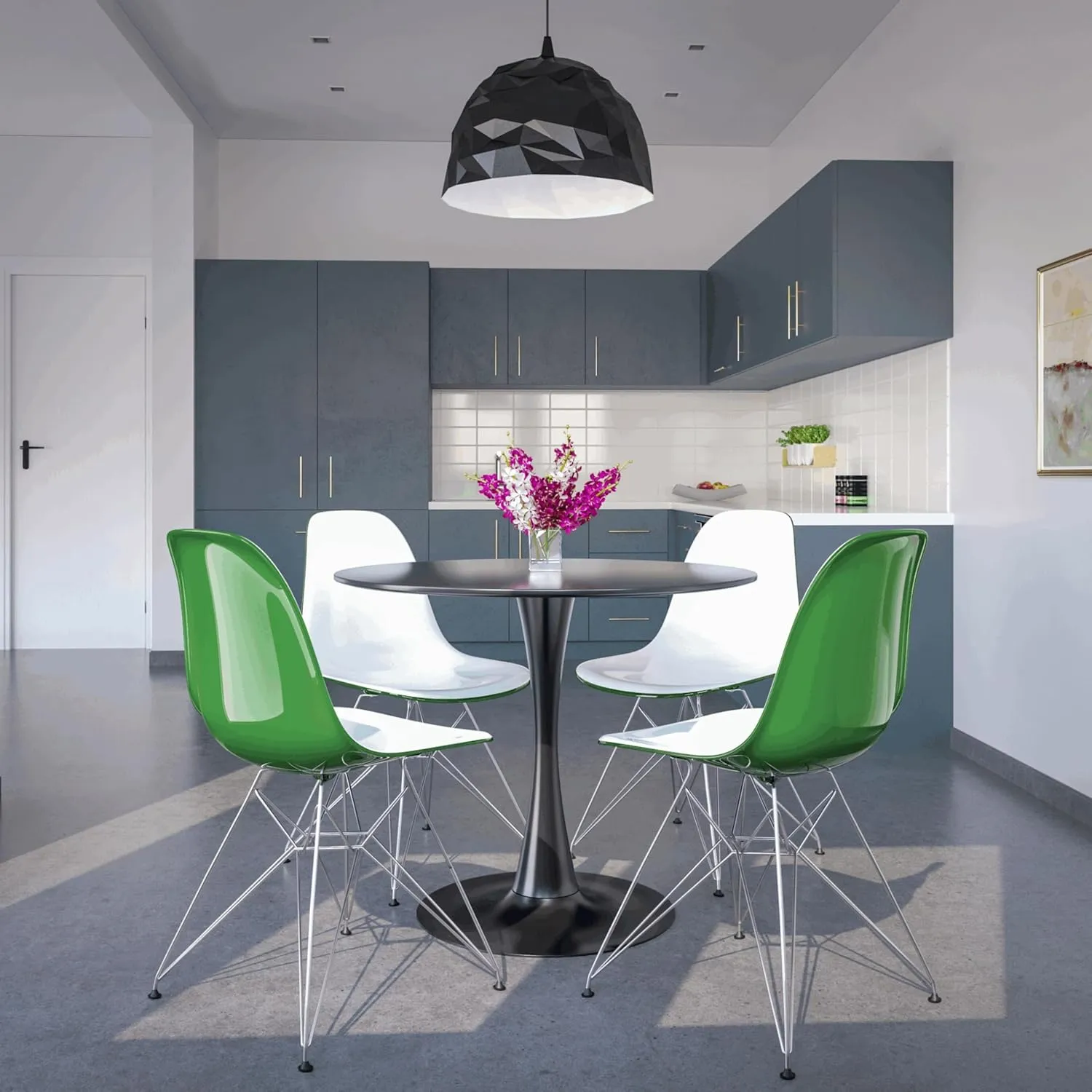 LeisureMod Molded Acrylic Dining Chair with Chrome Eiffel Base, White & Green Accent Side Chair with Curved Back for Modern Kitchens & Cafes - Set of 2