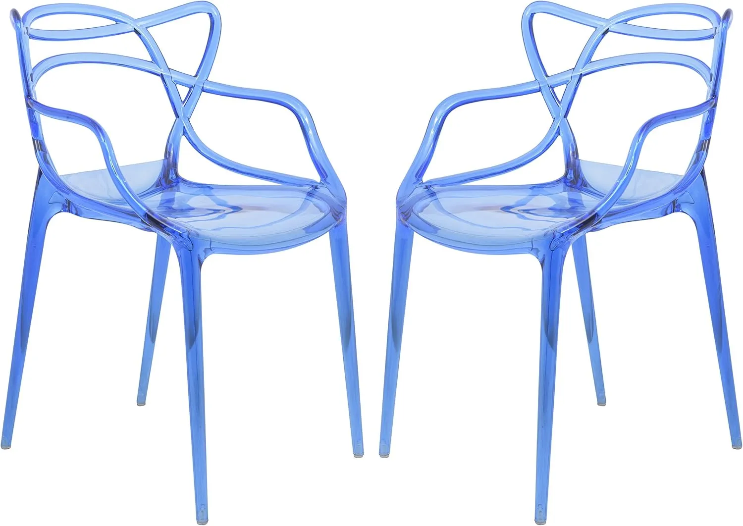 LeisureMod Twain Mid Century Modern Plastic Accent Dining Armchair with Elegant Wire Design, Stackable Plastic Chair for Indoor/Outdoor Use, Set of 2 (Transparent Blue)