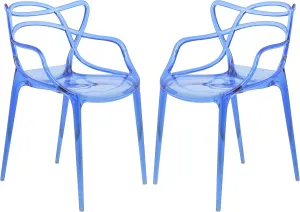 LeisureMod Twain Mid Century Modern Plastic Accent Dining Armchair with Elegant Wire Design, Stackable Plastic Chair for Indoor/Outdoor Use, Set of 2 (Transparent Blue)
