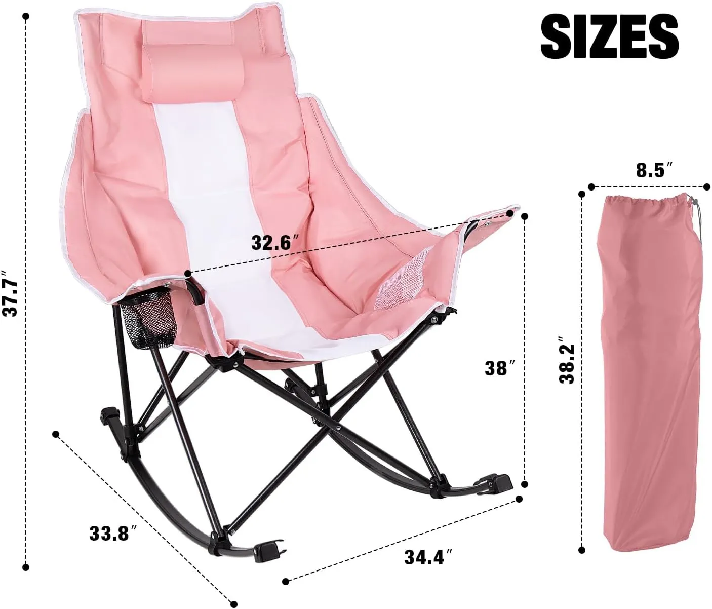 LEMBERI Outdoor Folding Rocking Camping Chair for Adults,Portable Oversized Heavy Duty Camping Rocker, Folding Lawn Chair for Outside Use with Cup Holder,Cooler Bag and Side Pocket
