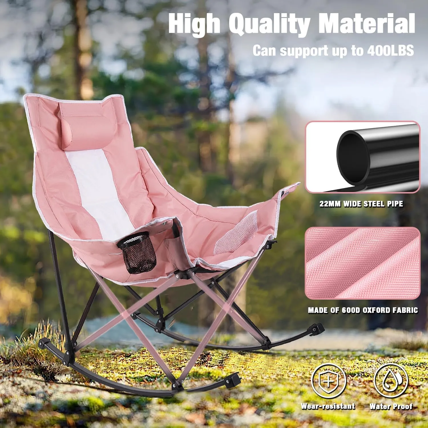 LEMBERI Outdoor Folding Rocking Camping Chair for Adults,Portable Oversized Heavy Duty Camping Rocker, Folding Lawn Chair for Outside Use with Cup Holder,Cooler Bag and Side Pocket