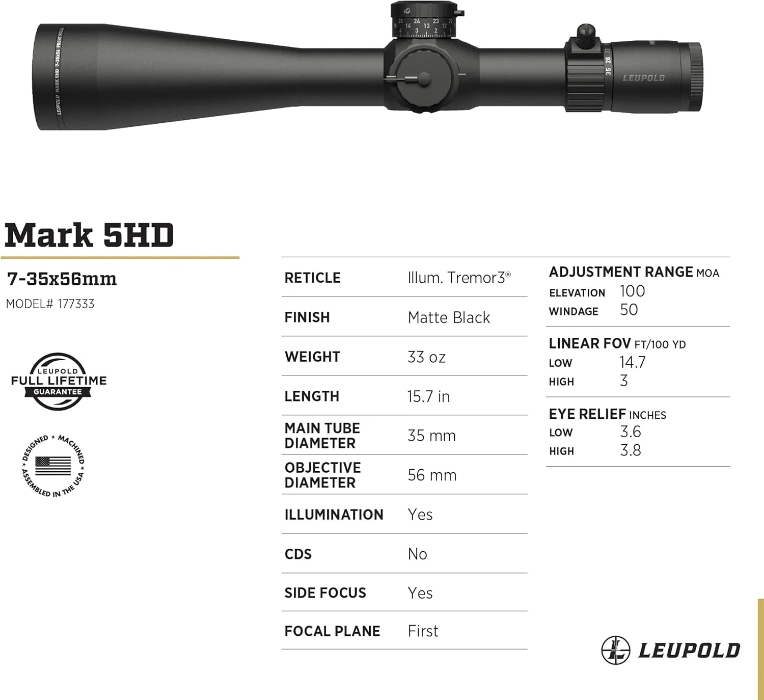 Leupold Mark 5HD 7-35x56 (35mm) FFP Riflescope