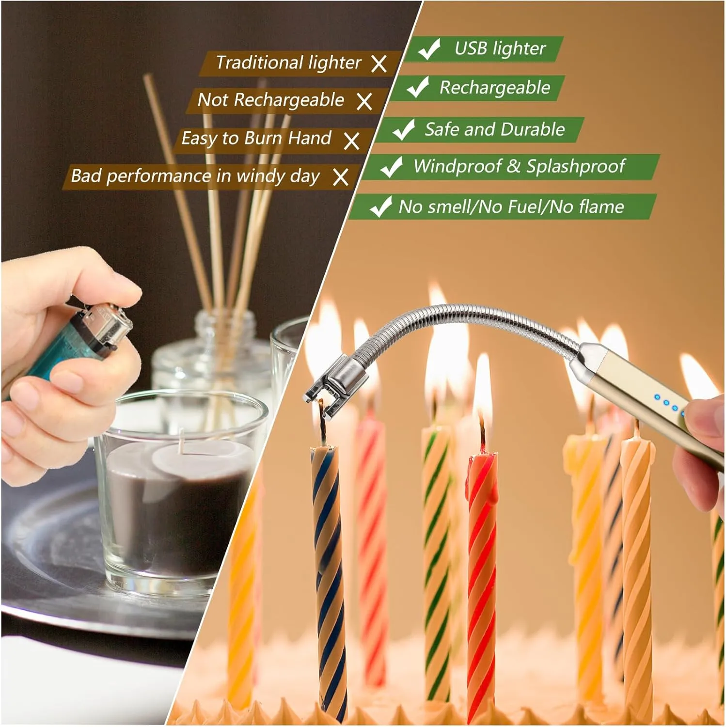 Lighter Electric Candle Lighter Birthday Women's Day Gifts for Women Mom Wife Men, Long Electronic Rechargeable USB Lighter Arc Windproof Flameless Lighters for Candle Camping BBQ (Gold)