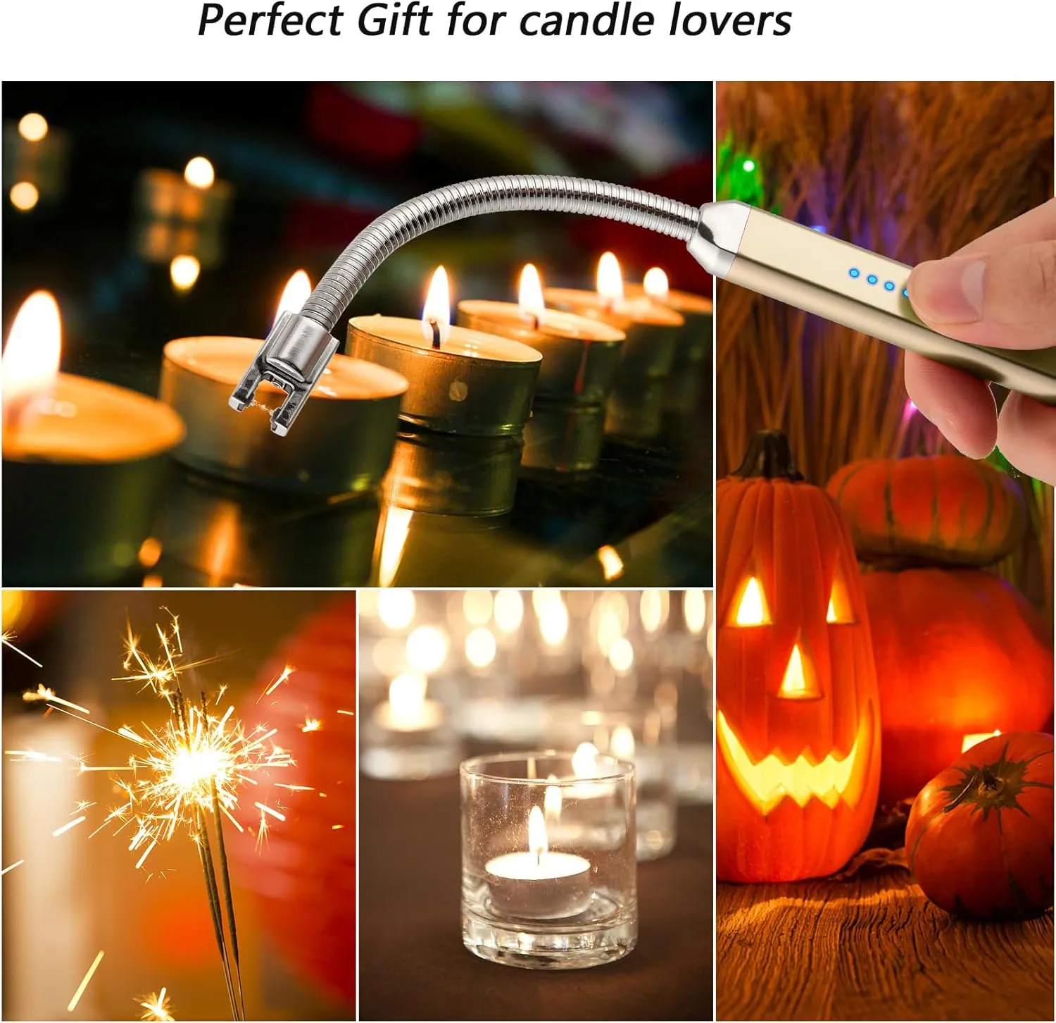 Lighter Electric Candle Lighter Birthday Women's Day Gifts for Women Mom Wife Men, Long Electronic Rechargeable USB Lighter Arc Windproof Flameless Lighters for Candle Camping BBQ (Gold)