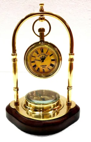 LINE WOOD™ - Nautical Brass Table Clock Desk Clock Watch with Wooden Base Direction Compass Victoria Style for Home & Office, Study, Living Room Decor(6 Inch - Shinny Brass)