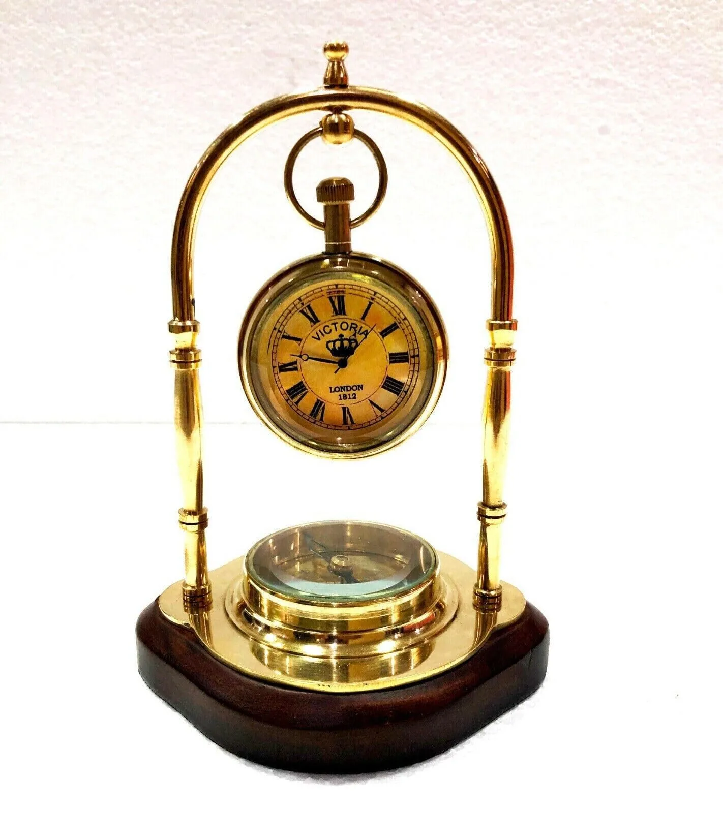 LINE WOOD™ - Nautical Brass Table Clock Desk Clock Watch with Wooden Base Direction Compass Victoria Style for Home & Office, Study, Living Room Decor(6 Inch - Shinny Brass)