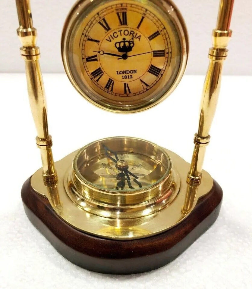 LINE WOOD™ - Nautical Brass Table Clock Desk Clock Watch with Wooden Base Direction Compass Victoria Style for Home & Office, Study, Living Room Decor(6 Inch - Shinny Brass)