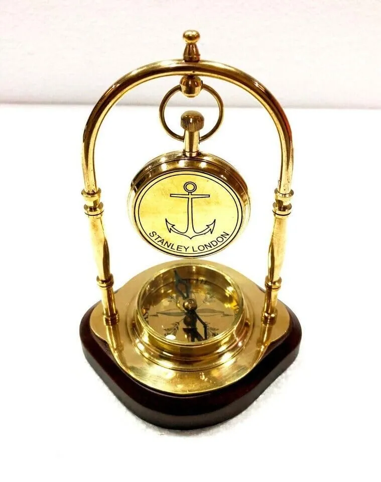 LINE WOOD™ - Nautical Brass Table Clock Desk Clock Watch with Wooden Base Direction Compass Victoria Style for Home & Office, Study, Living Room Decor(6 Inch - Shinny Brass)