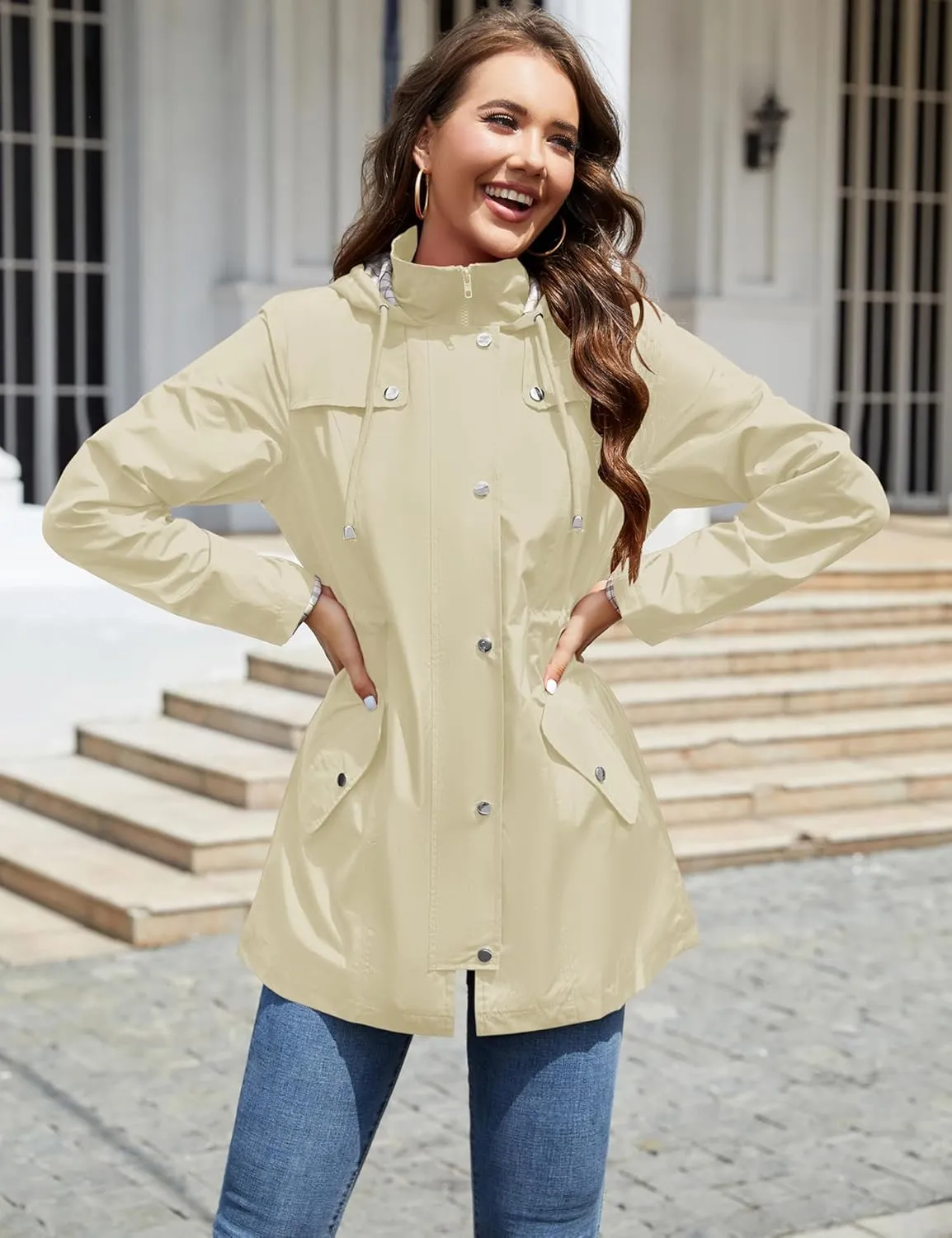 LOMON Women Waterproof Outdoor Hiking Raincoat Women Lined Rain Jacket Lightweight Hooded Jackets Trench Coats