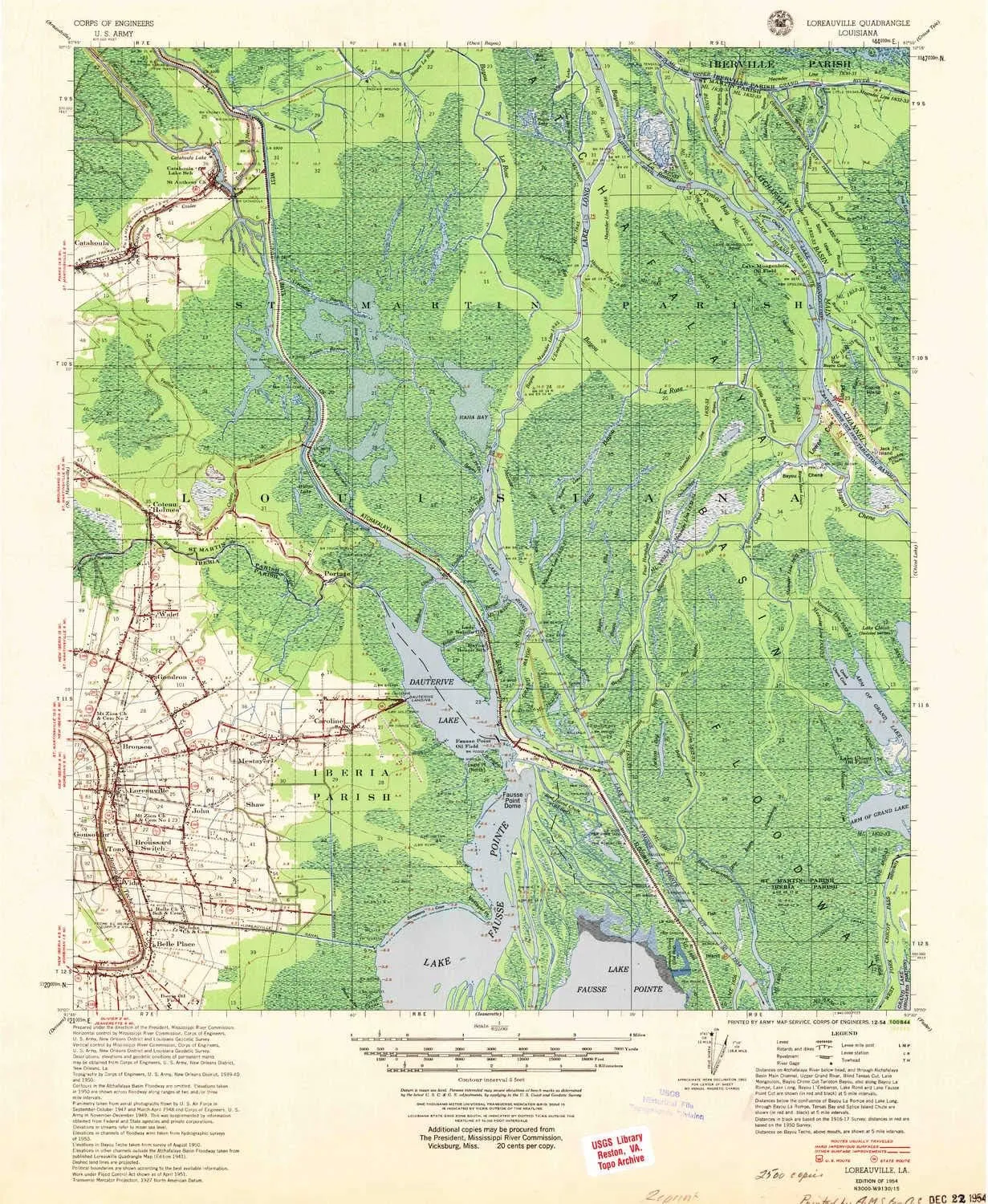 Loreauville LA topo map, 1:62500 Scale, 15 X 15 Minute, Historical, 1954, Updated 1954, 21.8 x 17.9 in