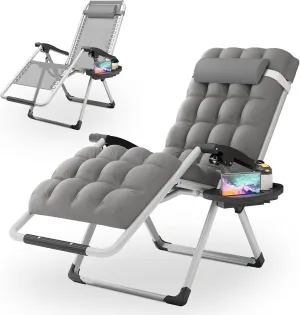 Magshion Zero Gravity Chair with Cushion, Reclining Outdoor Patio Lounge Chair, Folding Indoor Anti Gravity Recliner, Portable Lounger with Removable Cup Holder Side Tray and Pillow Headrest (Grey)