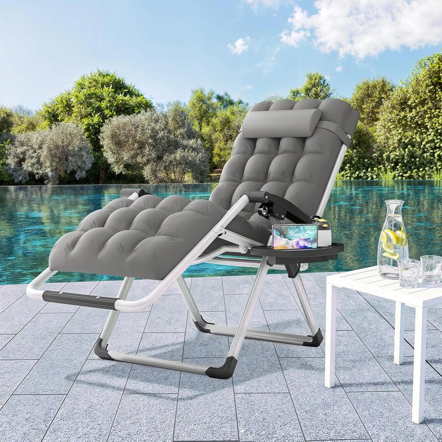 Magshion Zero Gravity Chair with Cushion, Reclining Outdoor Patio Lounge Chair, Folding Indoor Anti Gravity Recliner, Portable Lounger with Removable Cup Holder Side Tray and Pillow Headrest (Grey)