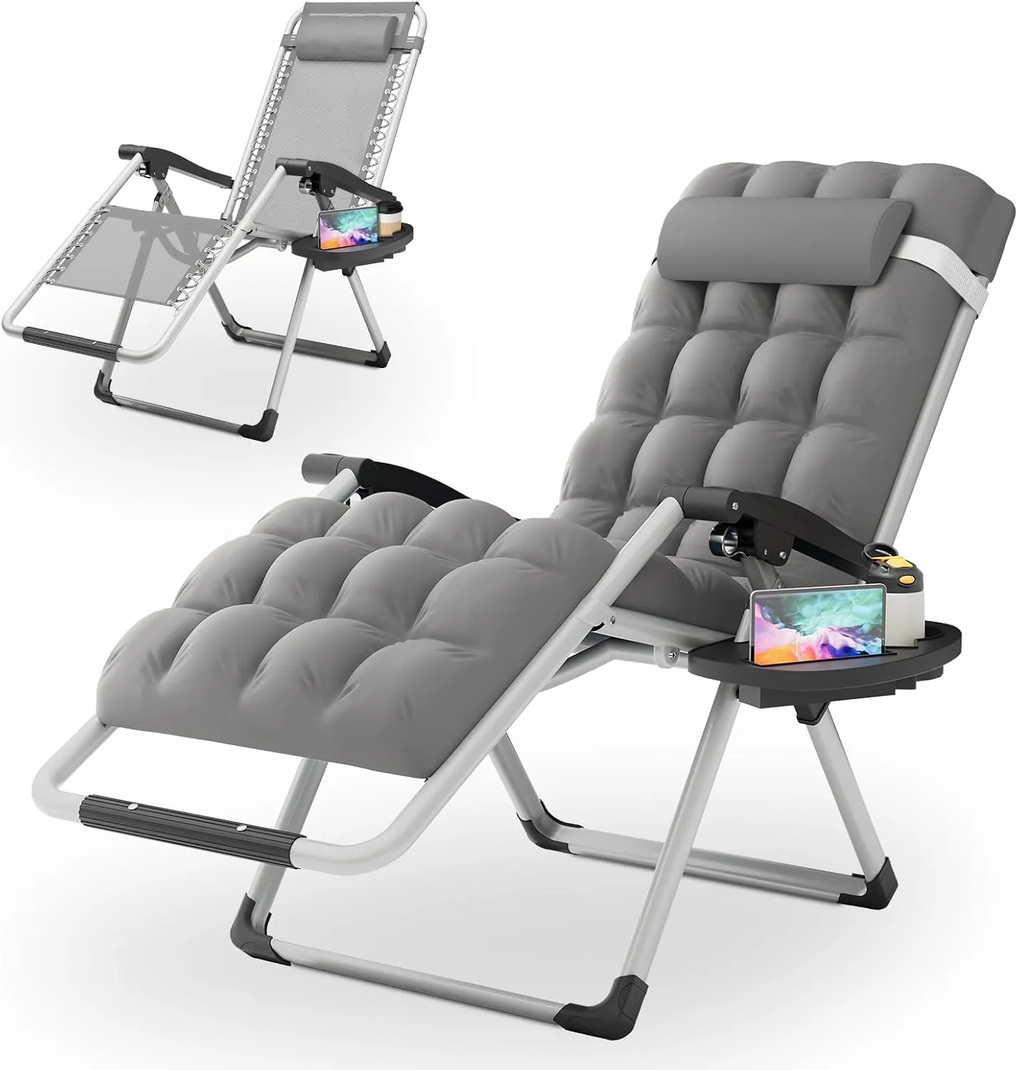 Magshion Zero Gravity Chair with Cushion, Reclining Outdoor Patio Lounge Chair, Folding Indoor Anti Gravity Recliner, Portable Lounger with Removable Cup Holder Side Tray and Pillow Headrest (Grey)