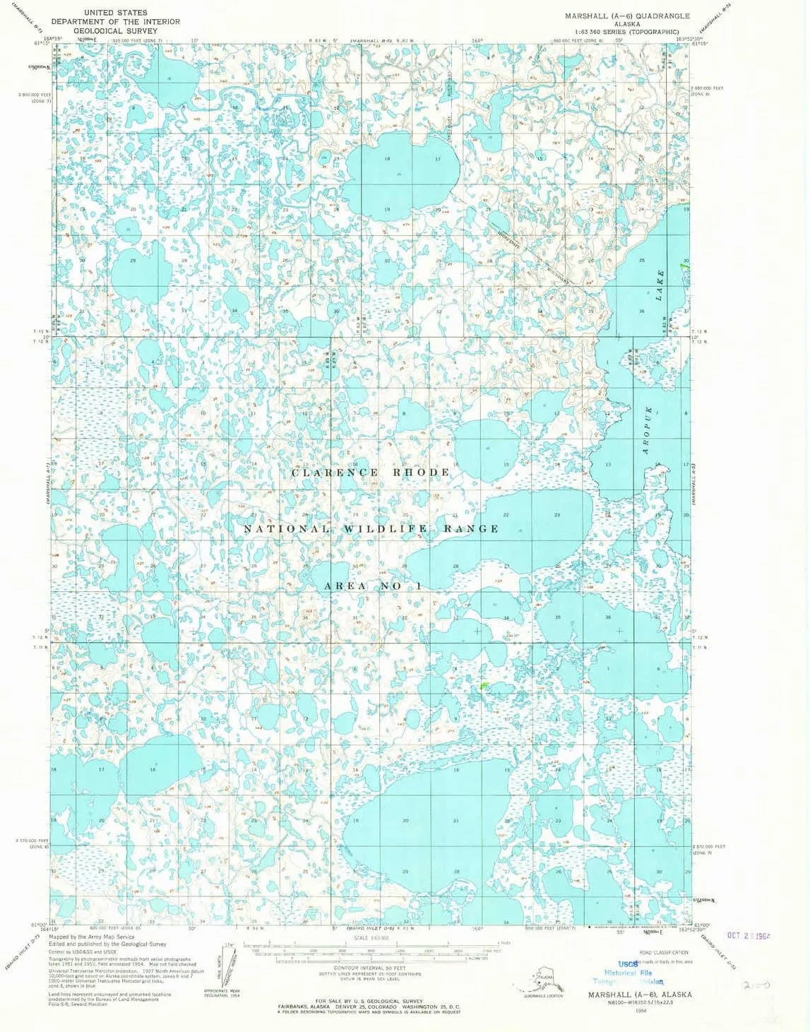 Marshall A 6 AK topo map, 1:63360 Scale, 15 X 15 Minute, Historical, 1954, Updated 1964, 20.8 x 17 in