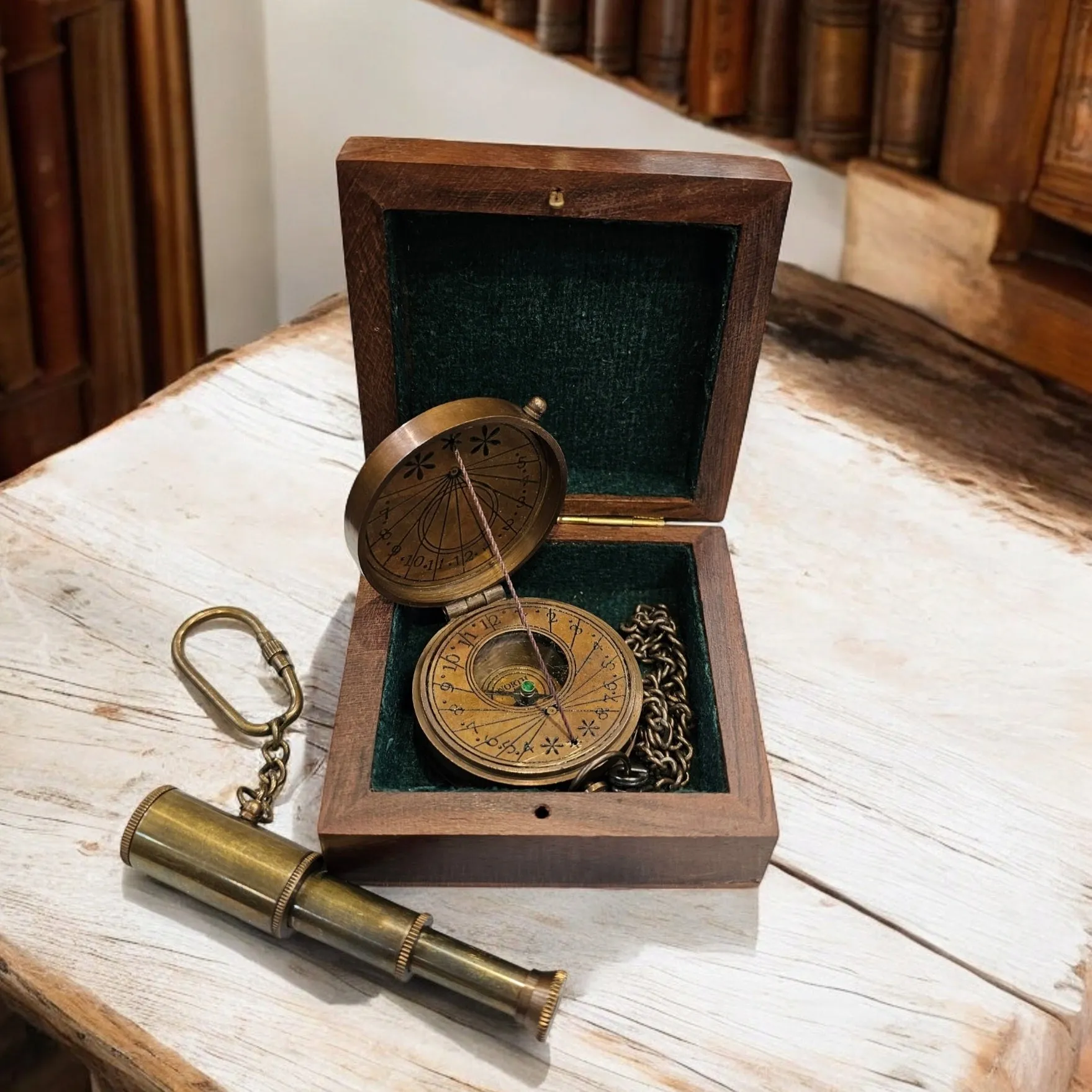 Mary Rose Sundial Compass – Vintage Brass Compass with Customisable Wooden Box | String Sundial
