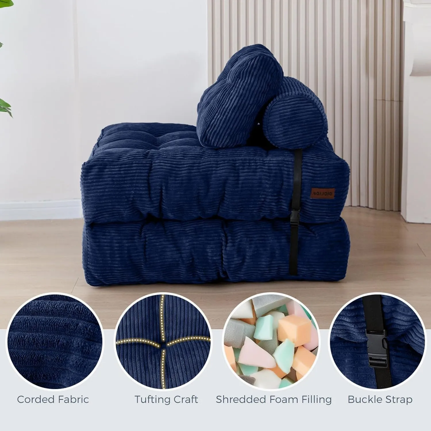 MAXYOYO Folding Sofa Bed, Convertible Sleeper Chair with Pillow Foldable Matress with Back Support, Portable Fold Out Chair Bed Comfy Floor Sofa Lounge for Living Room Bedroom, Navy, Single