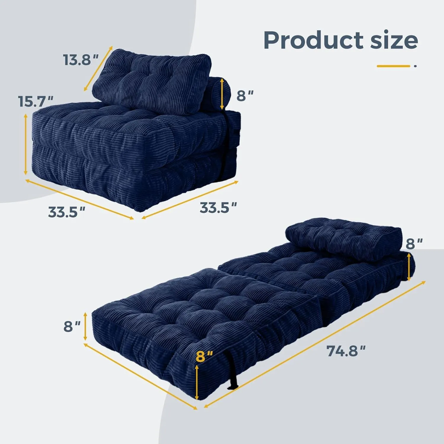 MAXYOYO Folding Sofa Bed, Convertible Sleeper Chair with Pillow Foldable Matress with Back Support, Portable Fold Out Chair Bed Comfy Floor Sofa Lounge for Living Room Bedroom, Navy, Single