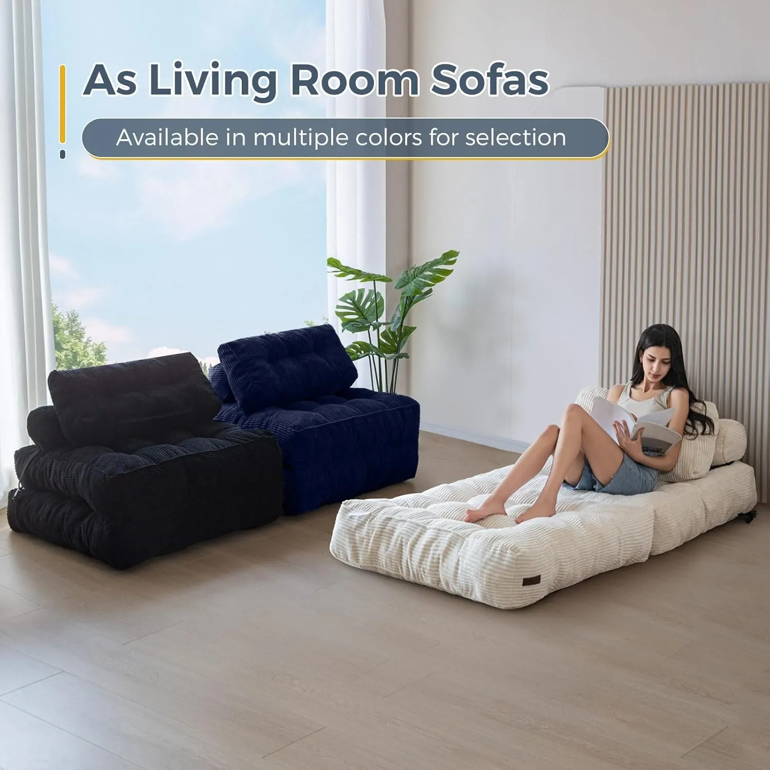 MAXYOYO Folding Sofa Bed, Convertible Sleeper Chair with Pillow Foldable Matress with Back Support, Portable Fold Out Chair Bed Comfy Floor Sofa Lounge for Living Room Bedroom, Navy, Single