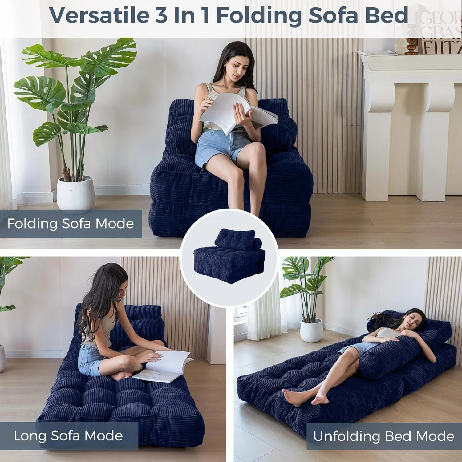 MAXYOYO Folding Sofa Bed, Convertible Sleeper Chair with Pillow Foldable Matress with Back Support, Portable Fold Out Chair Bed Comfy Floor Sofa Lounge for Living Room Bedroom, Navy, Single
