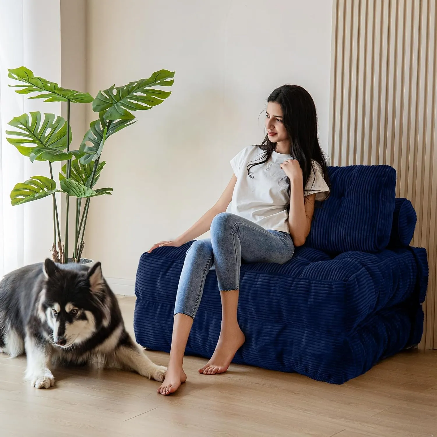 MAXYOYO Folding Sofa Bed, Convertible Sleeper Chair with Pillow Foldable Matress with Back Support, Portable Fold Out Chair Bed Comfy Floor Sofa Lounge for Living Room Bedroom, Navy, Single
