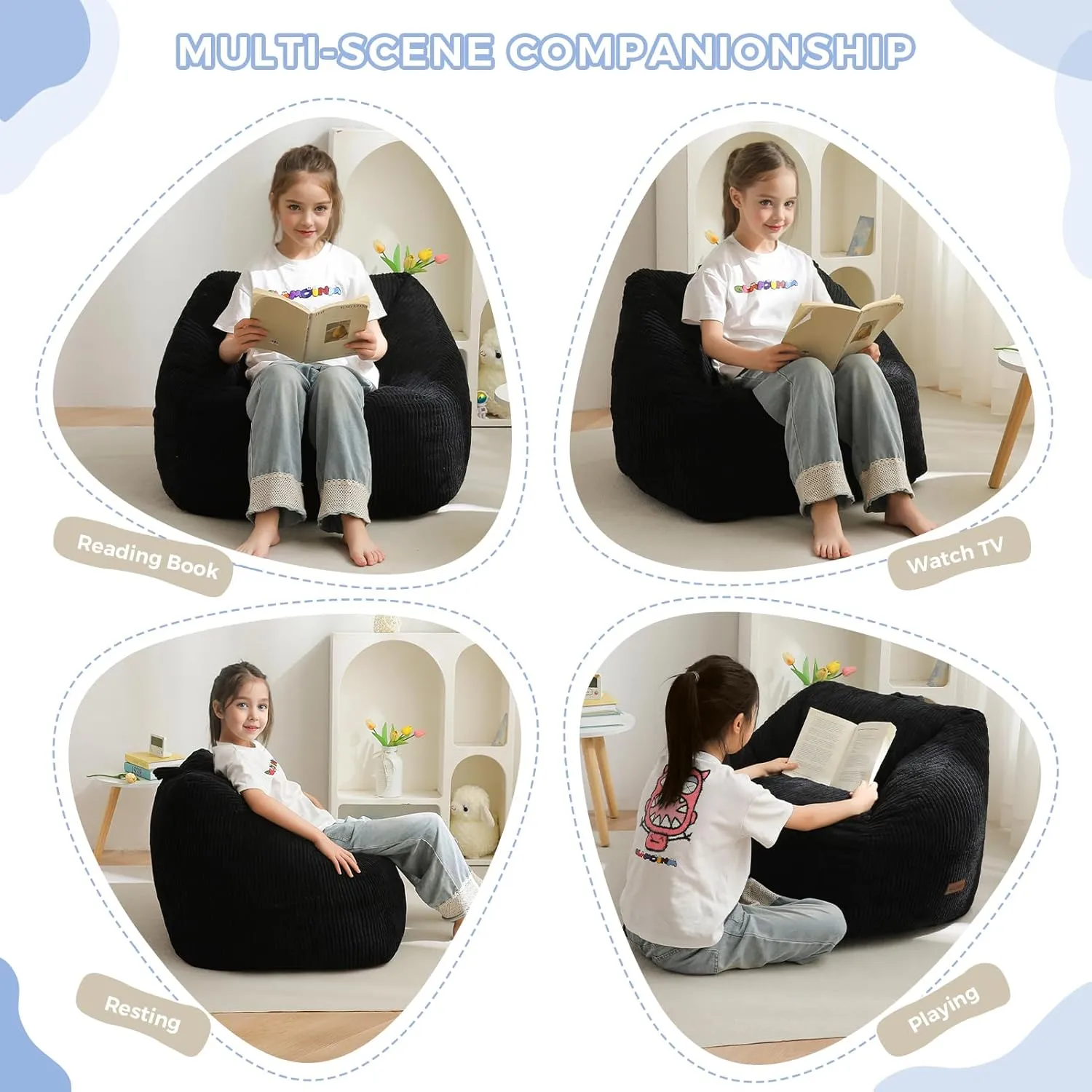 MAXYOYO Kids Bean Bag Chair, Bean Bag Couch with Handle, Comfy Toddler Chair for Boys and Girls, Accent Sofa Chair with Pocket for Gaming Reading Relaxing, Black