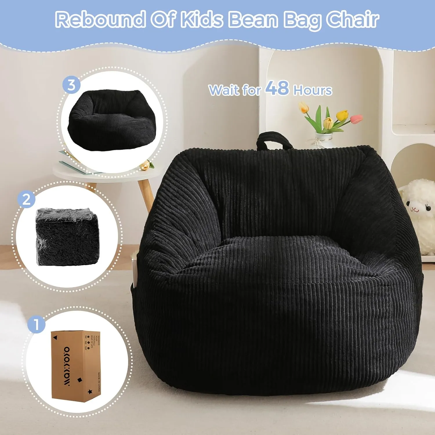 MAXYOYO Kids Bean Bag Chair, Bean Bag Couch with Handle, Comfy Toddler Chair for Boys and Girls, Accent Sofa Chair with Pocket for Gaming Reading Relaxing, Black