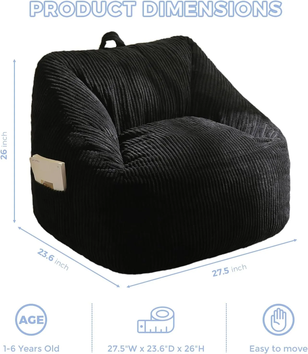 MAXYOYO Kids Bean Bag Chair, Bean Bag Couch with Handle, Comfy Toddler Chair for Boys and Girls, Accent Sofa Chair with Pocket for Gaming Reading Relaxing, Black
