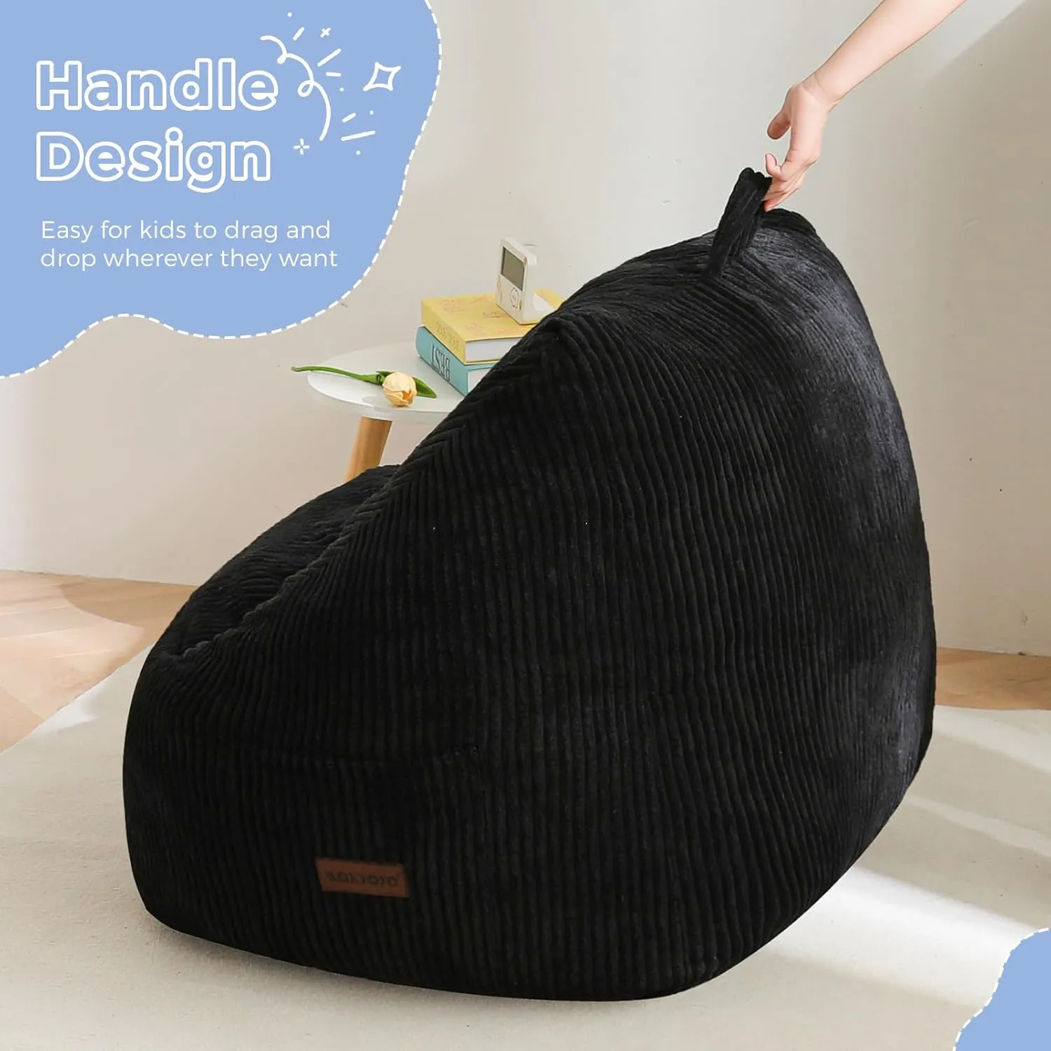 MAXYOYO Kids Bean Bag Chair, Bean Bag Couch with Handle, Comfy Toddler Chair for Boys and Girls, Accent Sofa Chair with Pocket for Gaming Reading Relaxing, Black