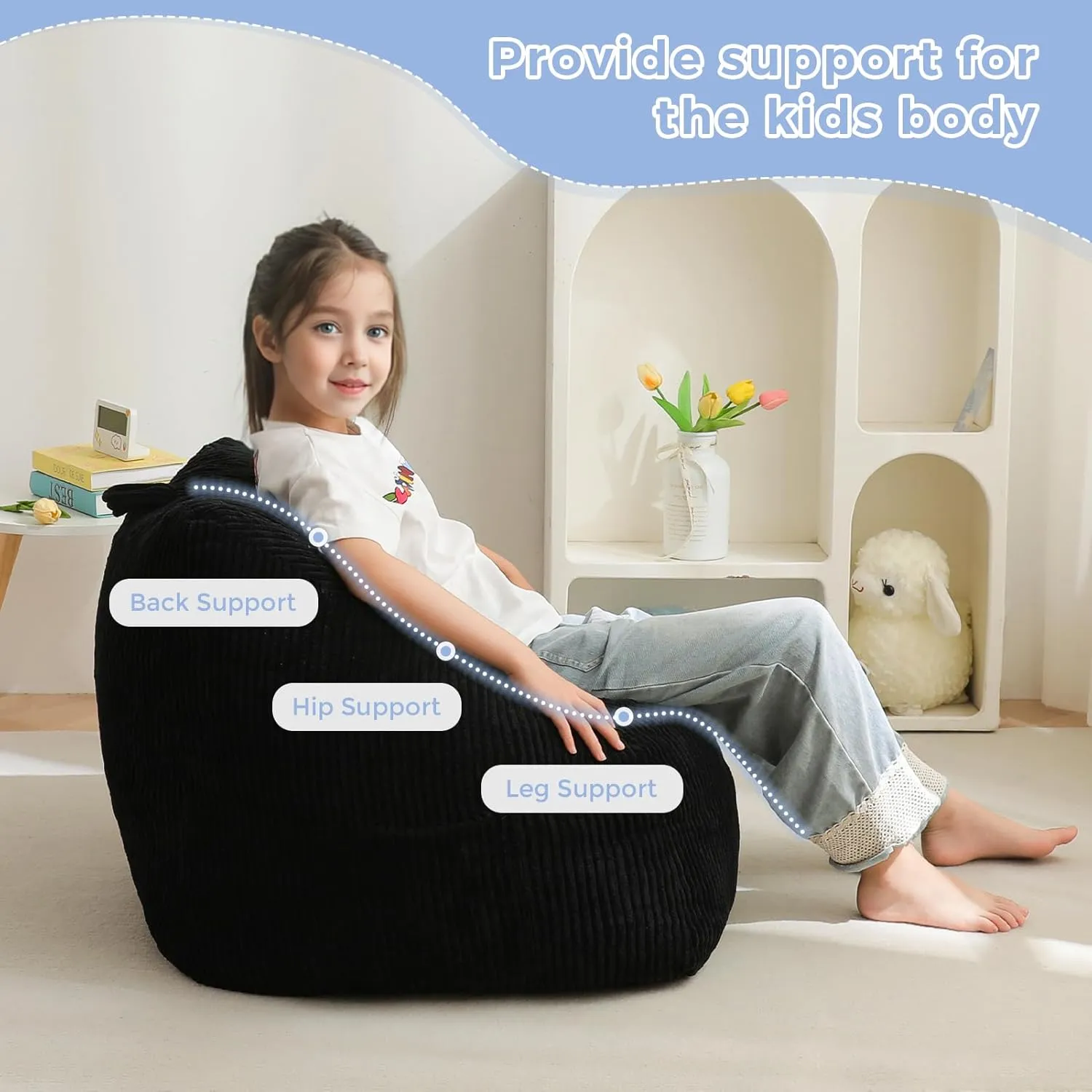 MAXYOYO Kids Bean Bag Chair, Bean Bag Couch with Handle, Comfy Toddler Chair for Boys and Girls, Accent Sofa Chair with Pocket for Gaming Reading Relaxing, Black