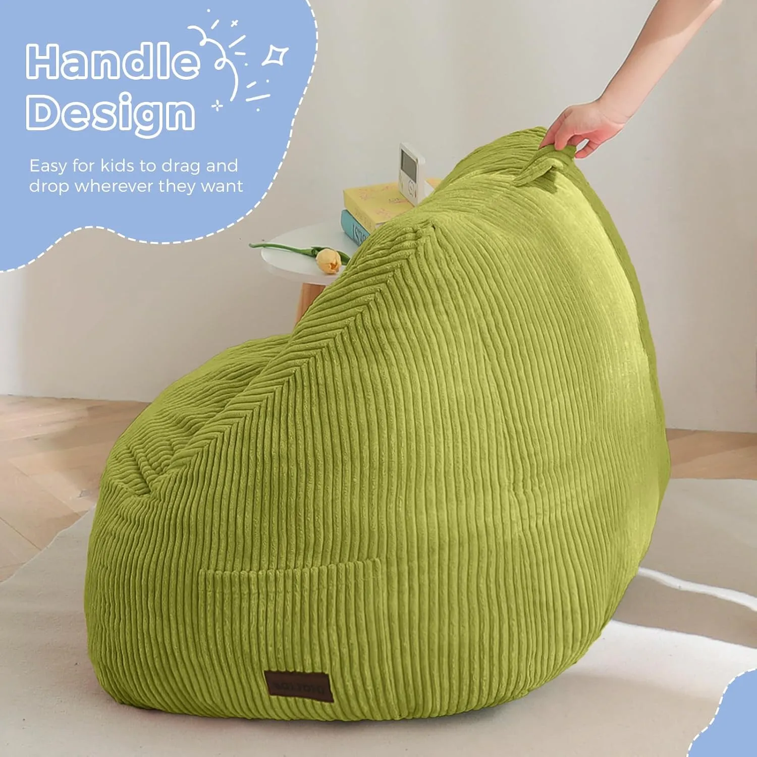 MAXYOYO Kids Bean Bag Chair, Bean Bag Couch with Handle, Comfy Toddler Chair for Boys and Girls, Accent Sofa Chair with Pocket for Gaming Reading Relaxing, Green