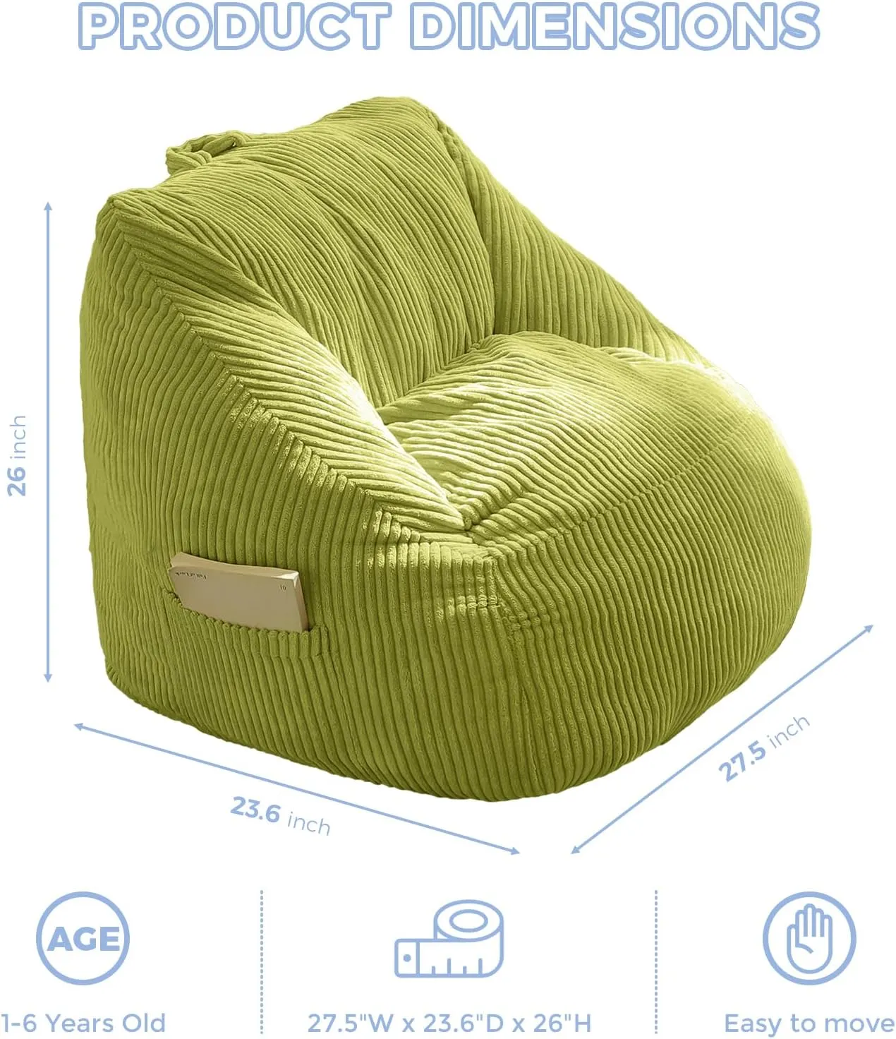 MAXYOYO Kids Bean Bag Chair, Bean Bag Couch with Handle, Comfy Toddler Chair for Boys and Girls, Accent Sofa Chair with Pocket for Gaming Reading Relaxing, Green