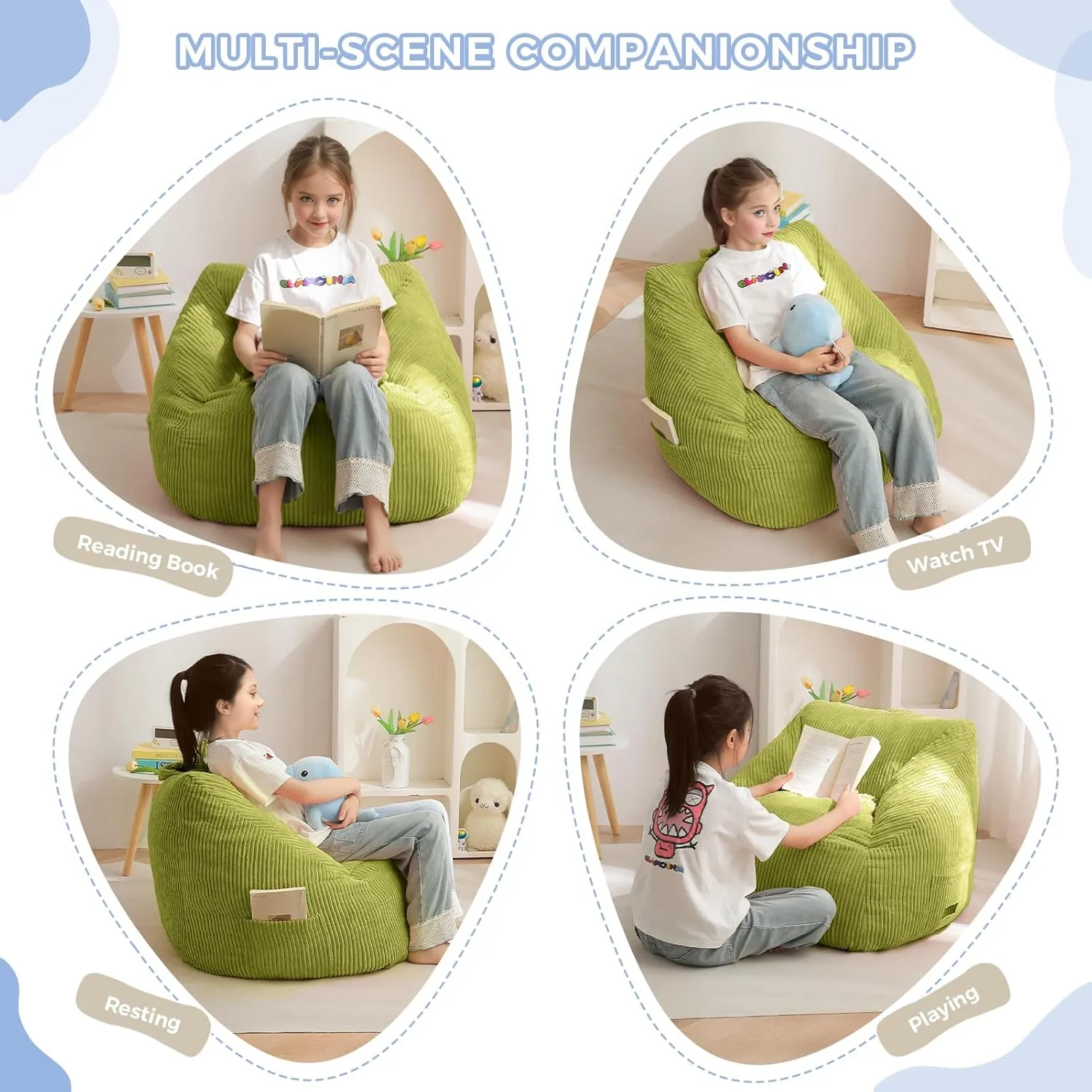 MAXYOYO Kids Bean Bag Chair, Bean Bag Couch with Handle, Comfy Toddler Chair for Boys and Girls, Accent Sofa Chair with Pocket for Gaming Reading Relaxing, Green