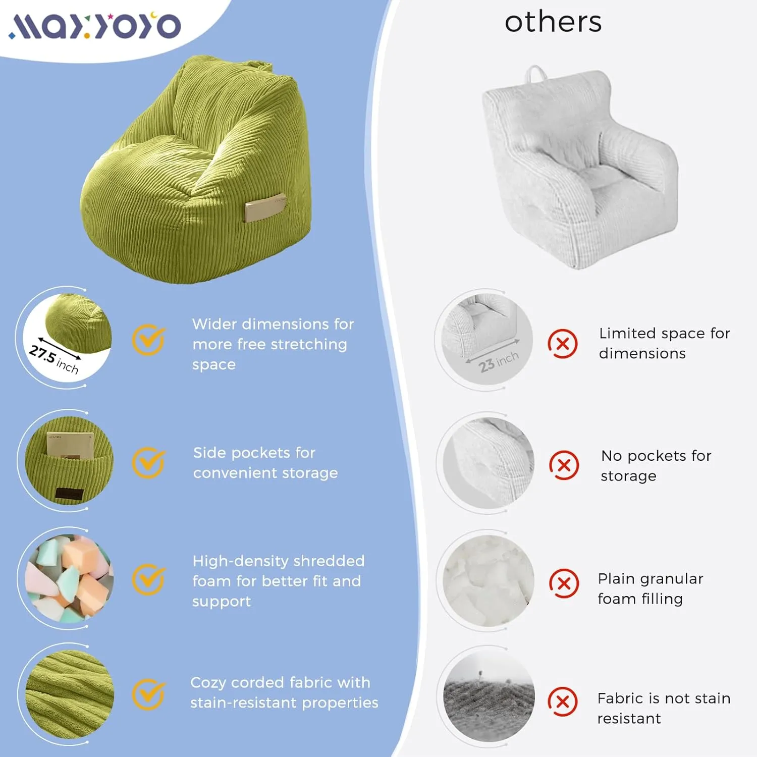 MAXYOYO Kids Bean Bag Chair, Bean Bag Couch with Handle, Comfy Toddler Chair for Boys and Girls, Accent Sofa Chair with Pocket for Gaming Reading Relaxing, Green