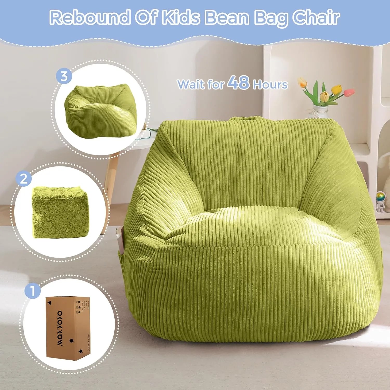 MAXYOYO Kids Bean Bag Chair, Bean Bag Couch with Handle, Comfy Toddler Chair for Boys and Girls, Accent Sofa Chair with Pocket for Gaming Reading Relaxing, Green