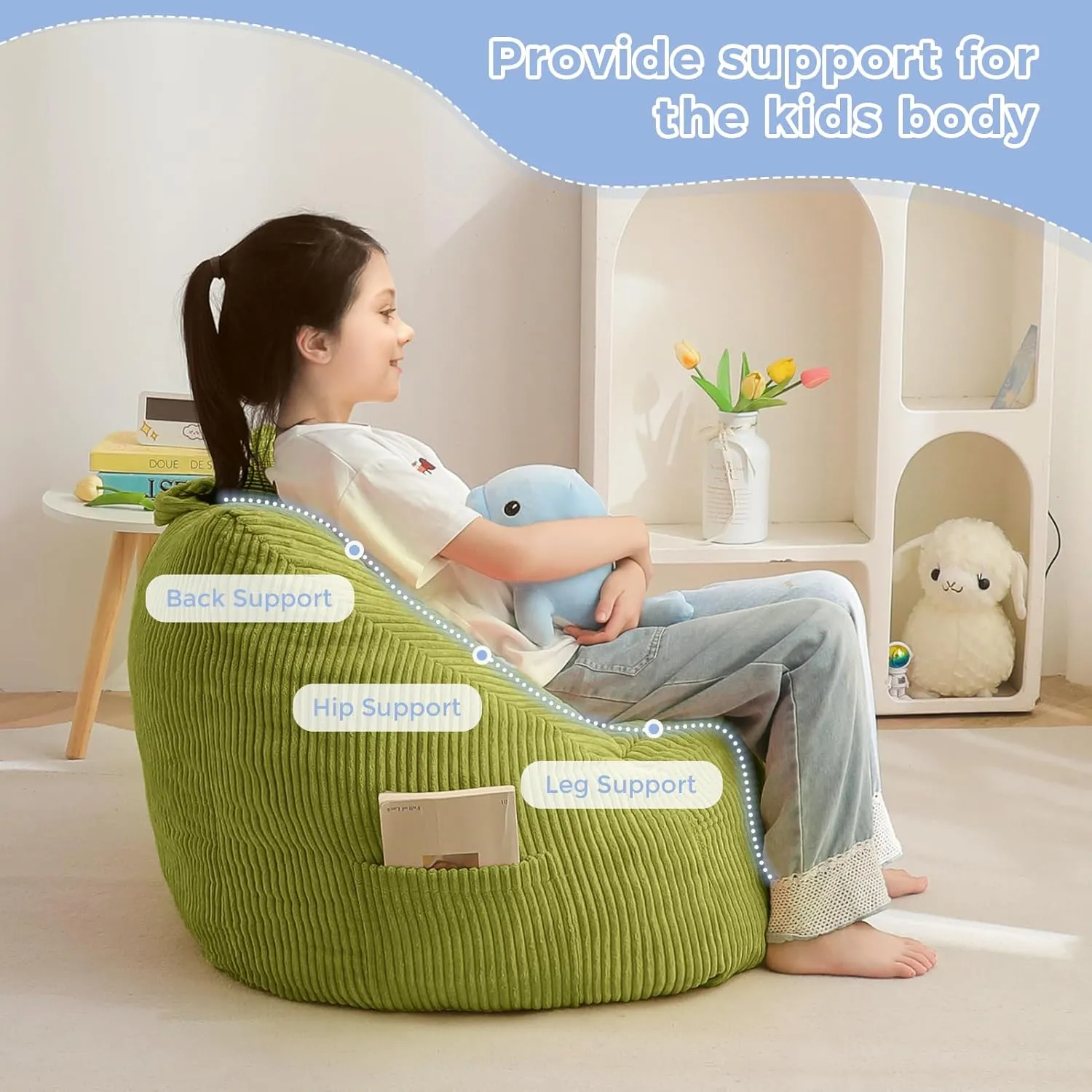 MAXYOYO Kids Bean Bag Chair, Bean Bag Couch with Handle, Comfy Toddler Chair for Boys and Girls, Accent Sofa Chair with Pocket for Gaming Reading Relaxing, Green