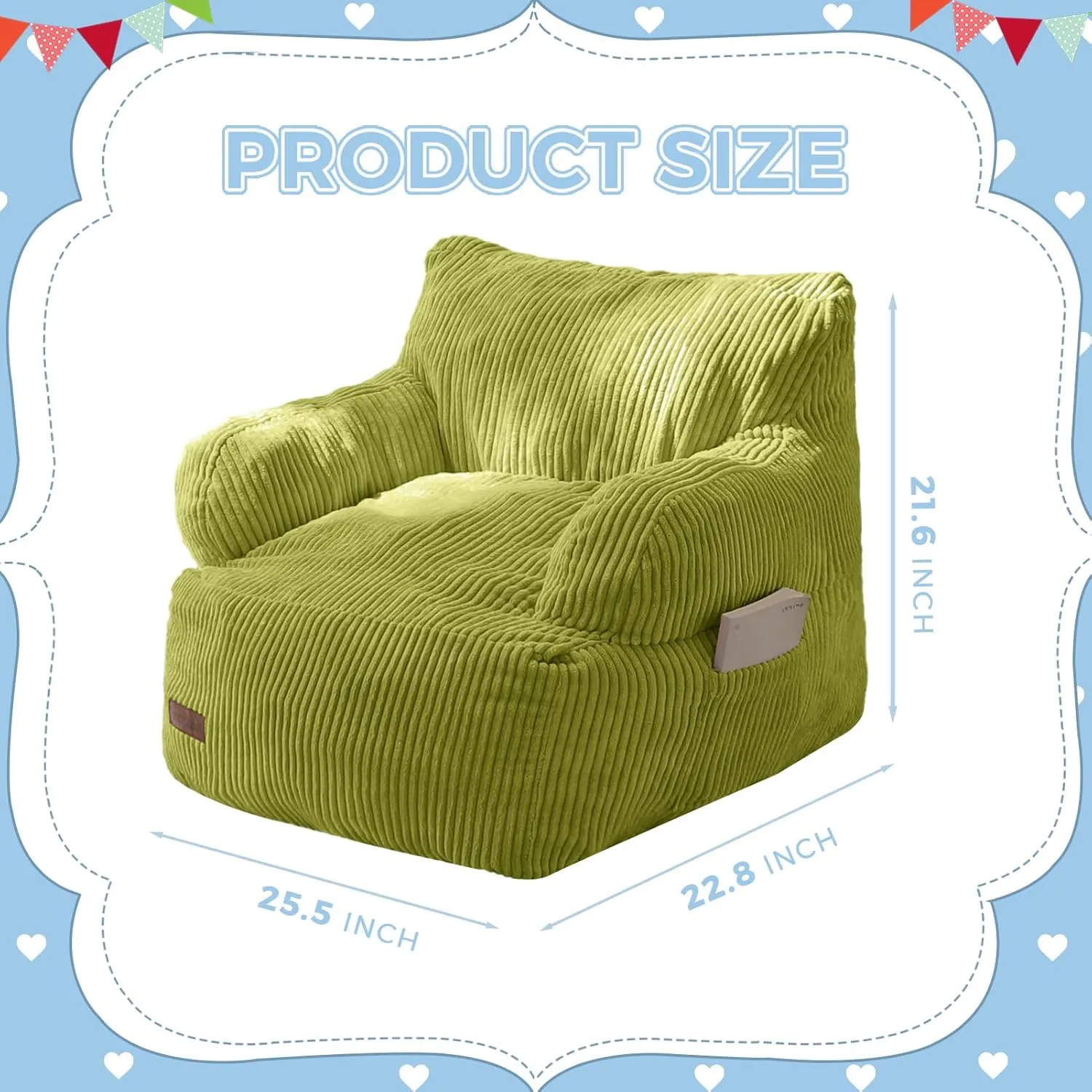 MAXYOYO Kids Bean Bag Chair, Stuffed Toddler Bean Bag Sofa with Filler Bean Bag Chair for Boys and Girls, Lazy Sofa with Pocket Floor Chair for Gaming, Reading, Green