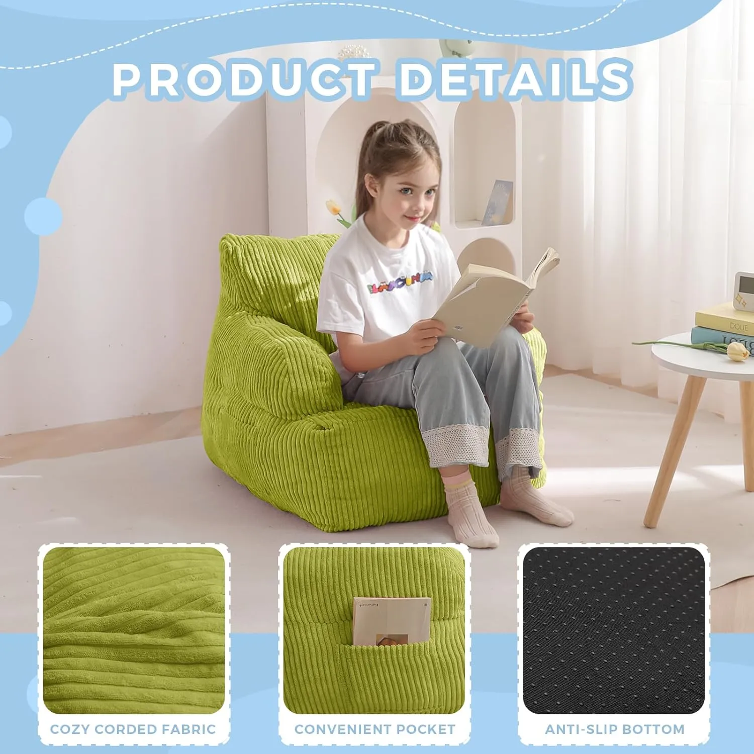 MAXYOYO Kids Bean Bag Chair, Stuffed Toddler Bean Bag Sofa with Filler Bean Bag Chair for Boys and Girls, Lazy Sofa with Pocket Floor Chair for Gaming, Reading, Green